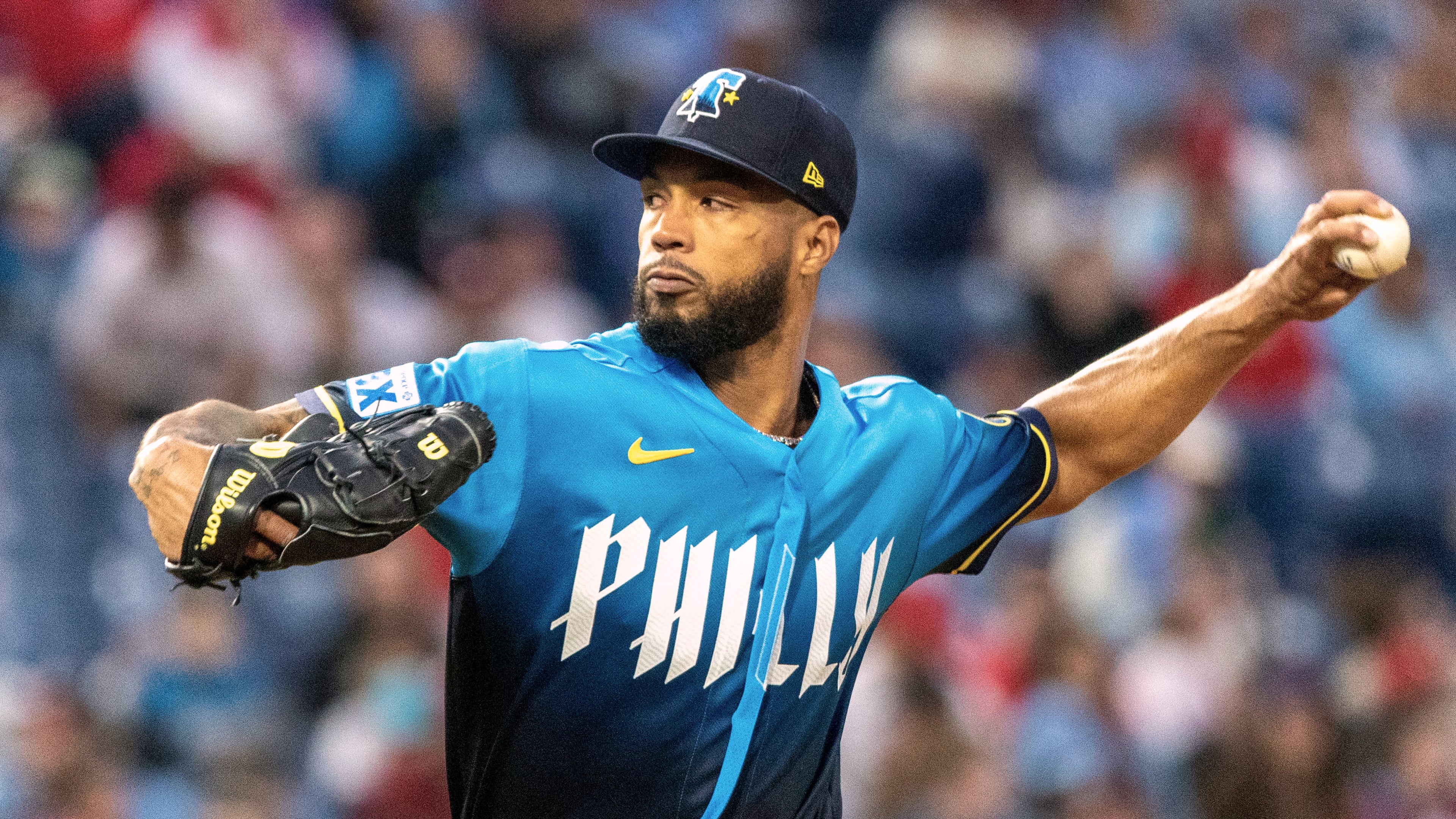 Philadelphia Phillies pitcher Cristopher Sánchez throws in the first inning of a baseball game against the Tampa Bay Rays, Friday, Sept. 25, 2026, in Philadelphia. (AP Photo/Laurence Kesterson)