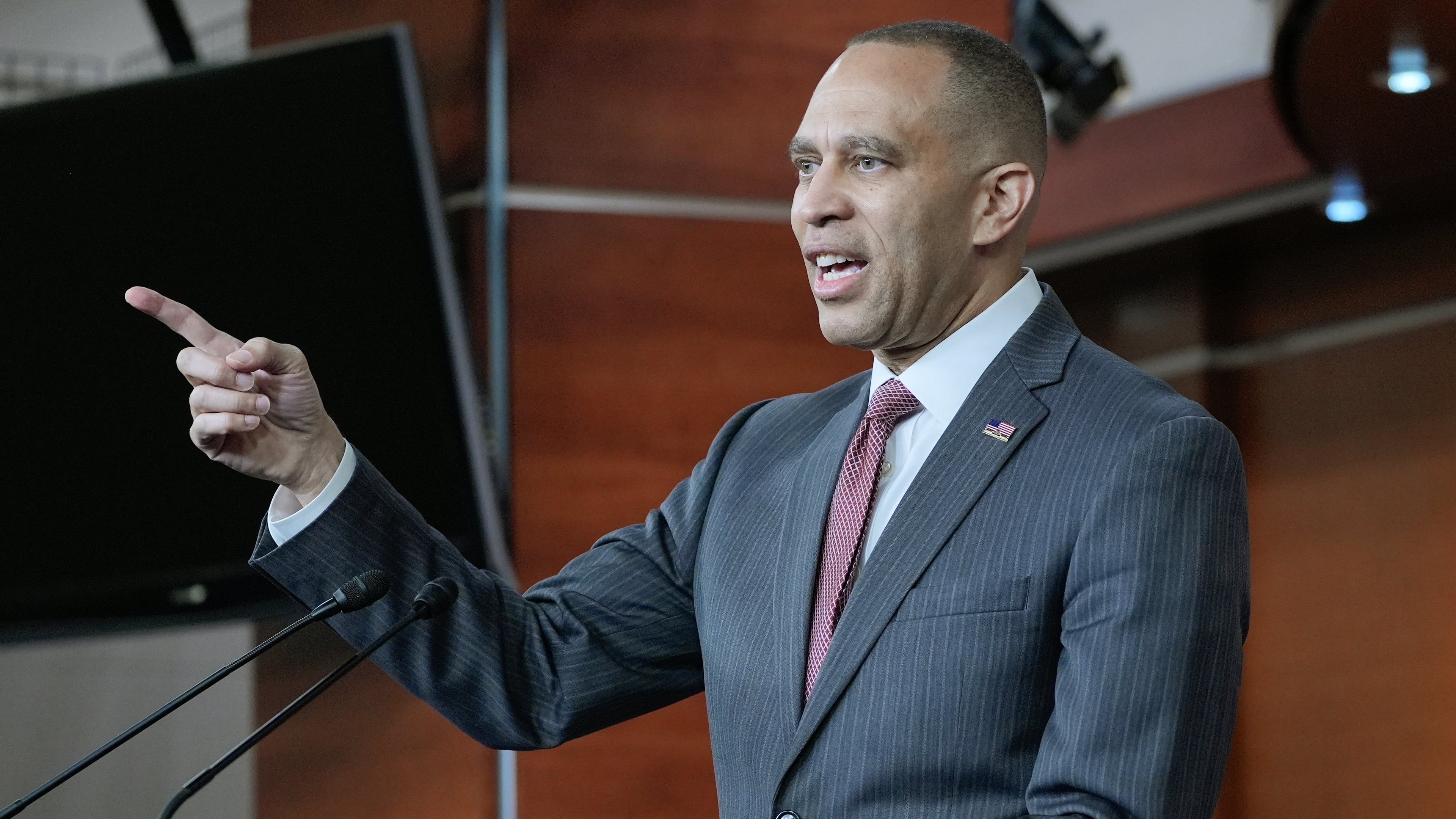 House Minority Leader Hakeem Jeffries, D-N.Y., speaks during a news conference on Capitol Hill, Thursday, April 23, 2026, in Washington. (AP Photo/Mariam Zuhaib)