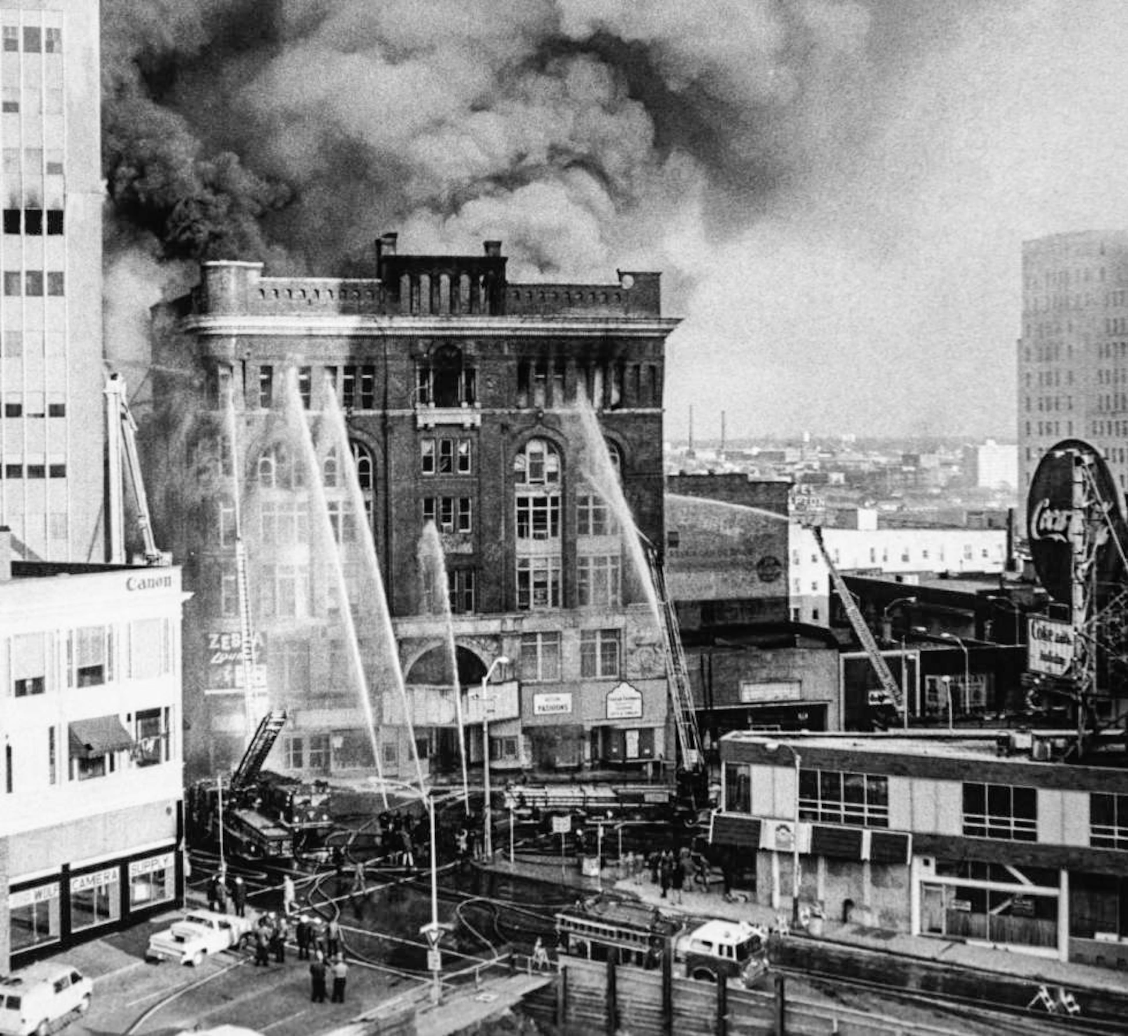 Flames billow where Hollywood's spotlights once played on the facade of Loew's Grand Theatre, the site of the 1939 world premiere of 'Gone with the Wind.' The fire destroyed most of the top three floors of the 86-year-old building, located on Peachtree Street in Atlanta. January 1978.