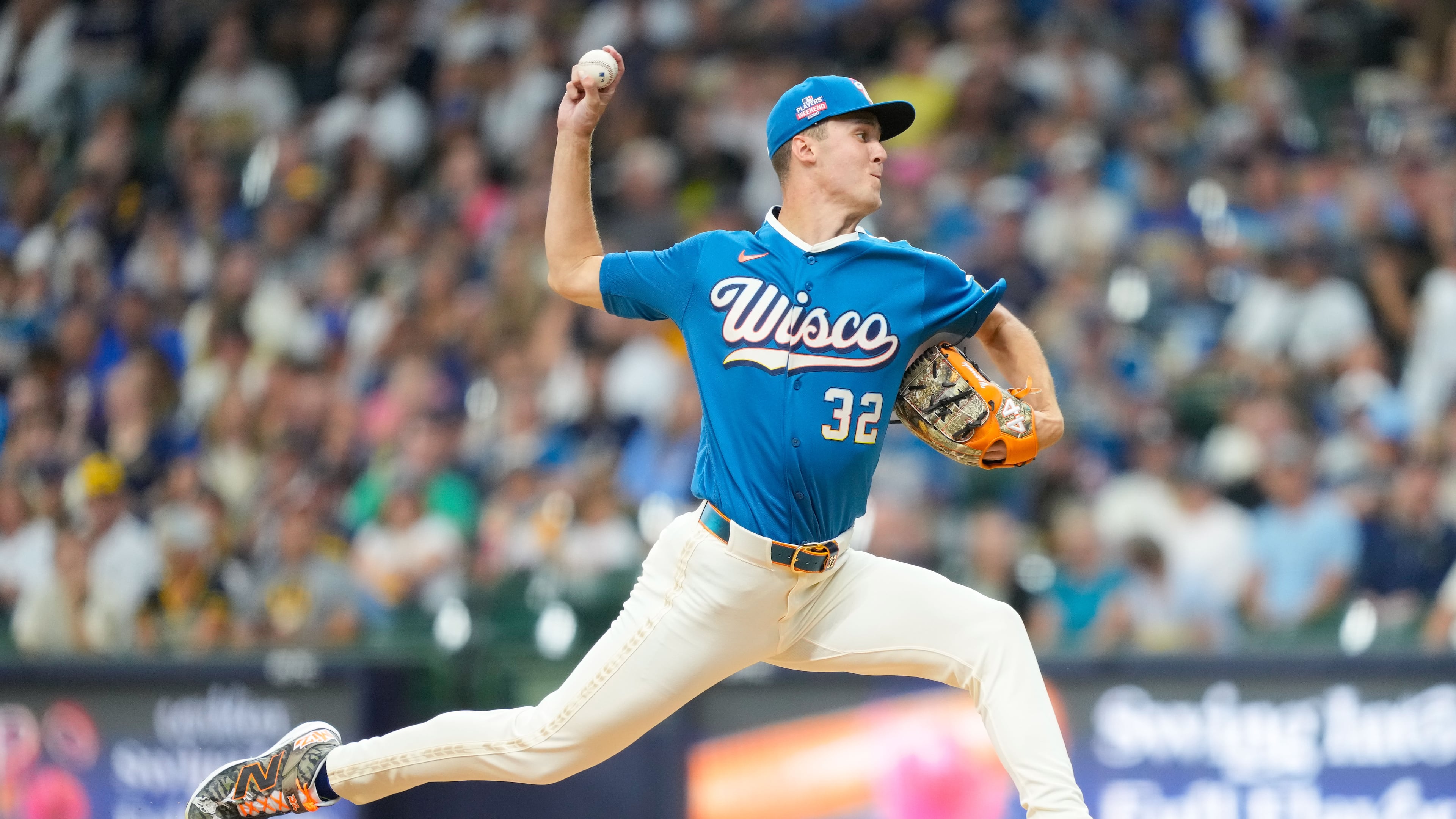 Milwaukee Brewers pitcher Jacob Misiorowski throws during the first inning of a baseball game against the Atlanta Braves, Friday, Aug. 21, 2026, in Milwaukee. (AP Photo/Kayla Wolf)