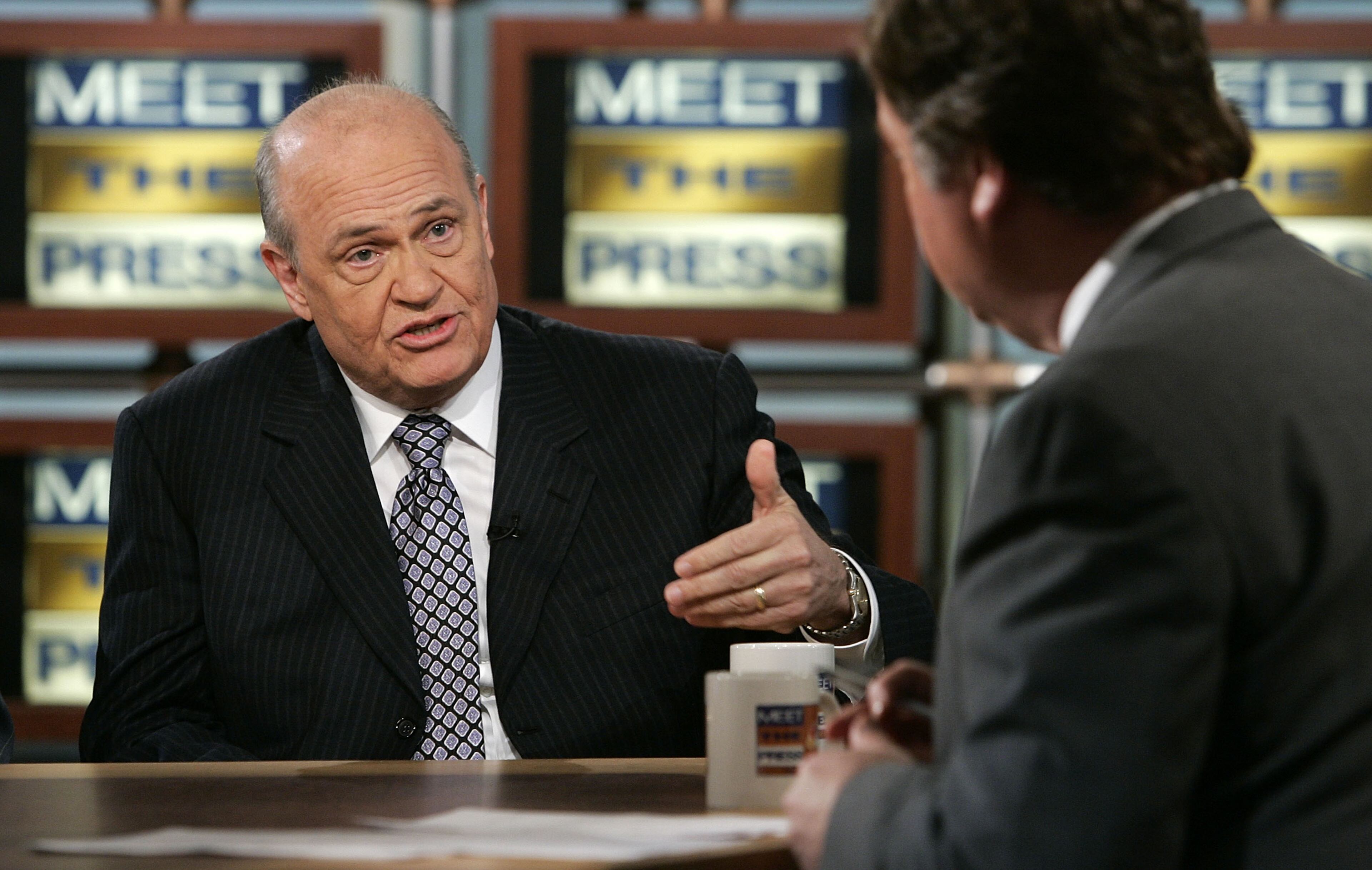 WASHINGTON - MAY 29: Former U.S. Senator Fred Thompson (R-TN) (L) speaks to moderator Tim Russert during a taping of NBC's 'Meet the Press' at the NBC studios May 29, 2005 in Washington, DC. Thompson spoke about the threat and prevention of nuclear terrorism. (Photo by Alex Wong/Getty Images)