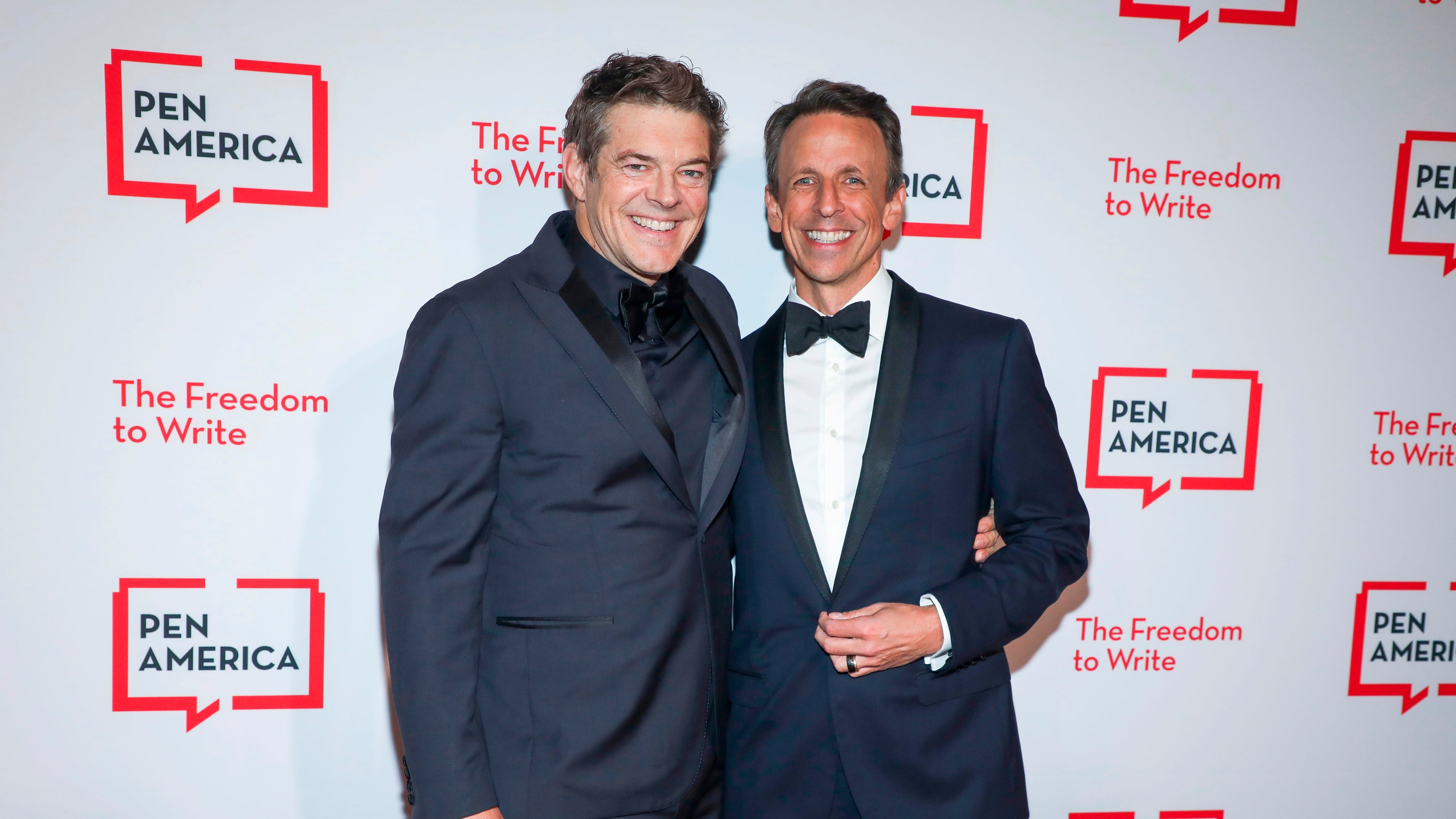 Jason Blum, left, and Seth Meyers attend the PEN America Literary Gala at The American Museum of Natural History on Thursday, May 14, 2026, in New York. (Photo by Andy Kropa/Invision/AP)