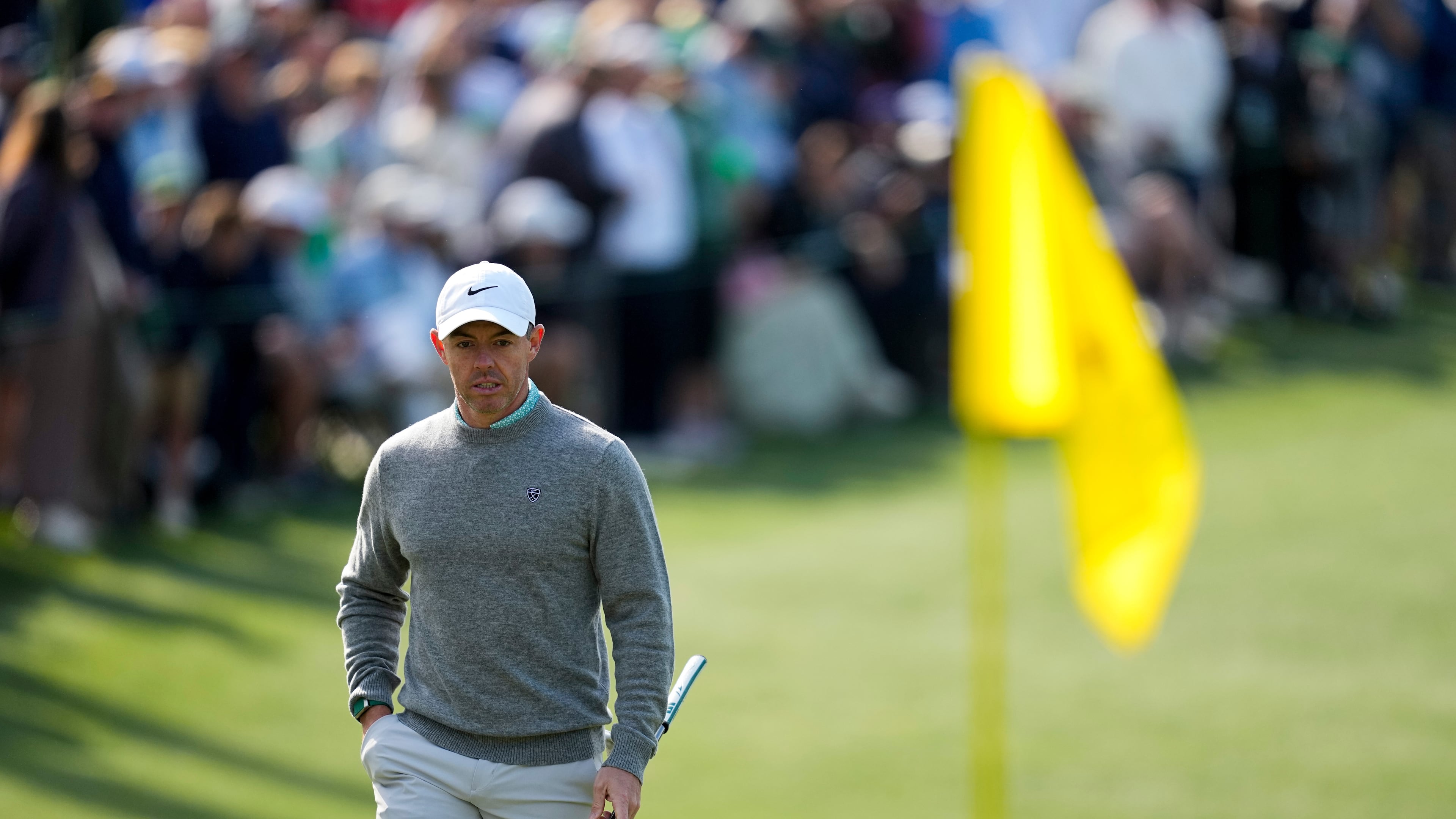 Rory McIlroy, of Northern Ireland, walks to green on the 16th hole during a practice round ahead of the Masters golf tournament at the Augusta National Golf Club, Wednesday, April 8, 2026, in Augusta, Ga. (AP Photo/Ashley Landis)