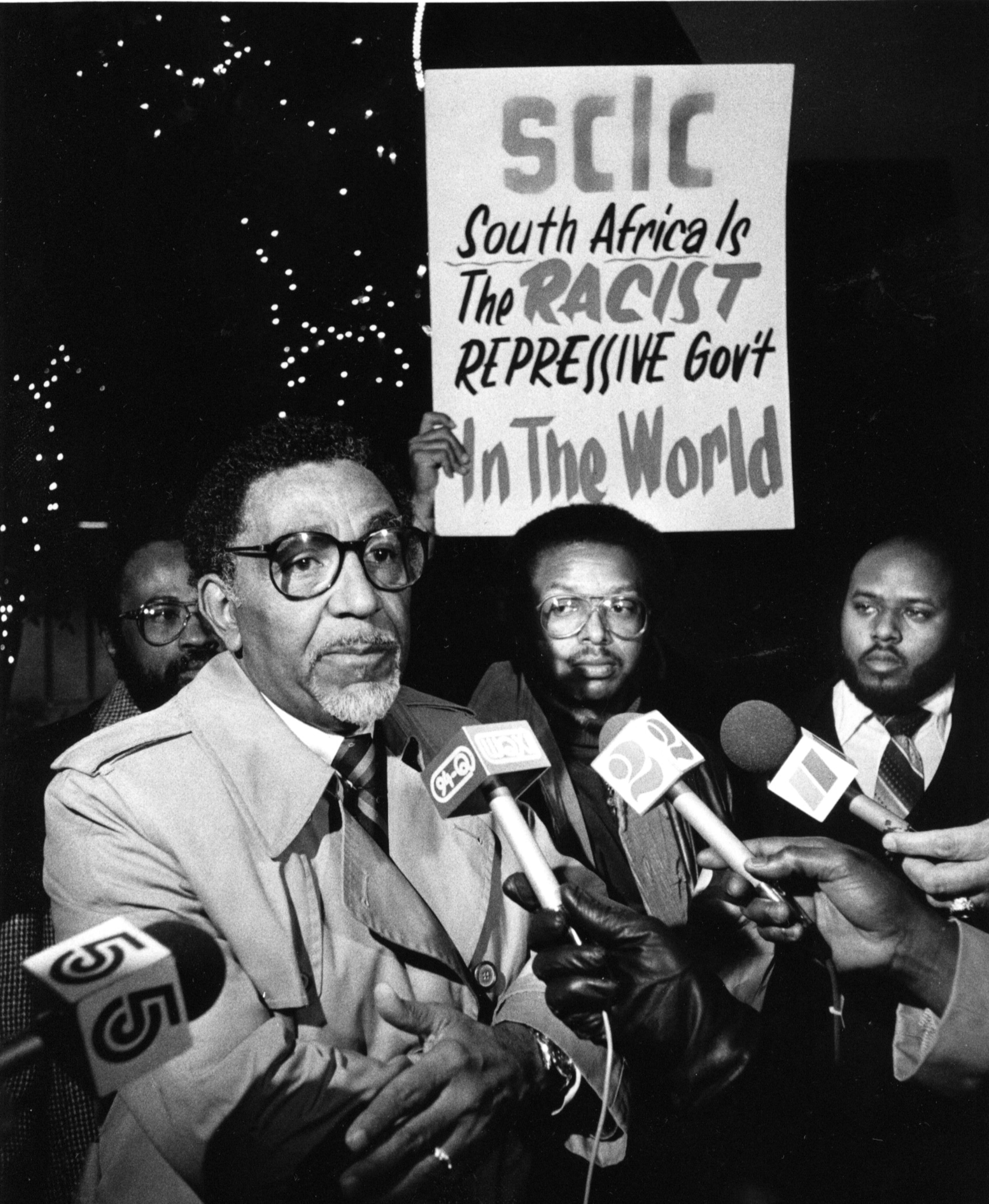 The Rev. Joseph Lowery, Rev. Timothy McDonald and the Rev. Charles Stovall hold a press conference at the Peachtree Plaza Hotel in opposition to the South African Tourism conference. Photo taken January 9, 1985. (NICK ARROYO/AJC staff)