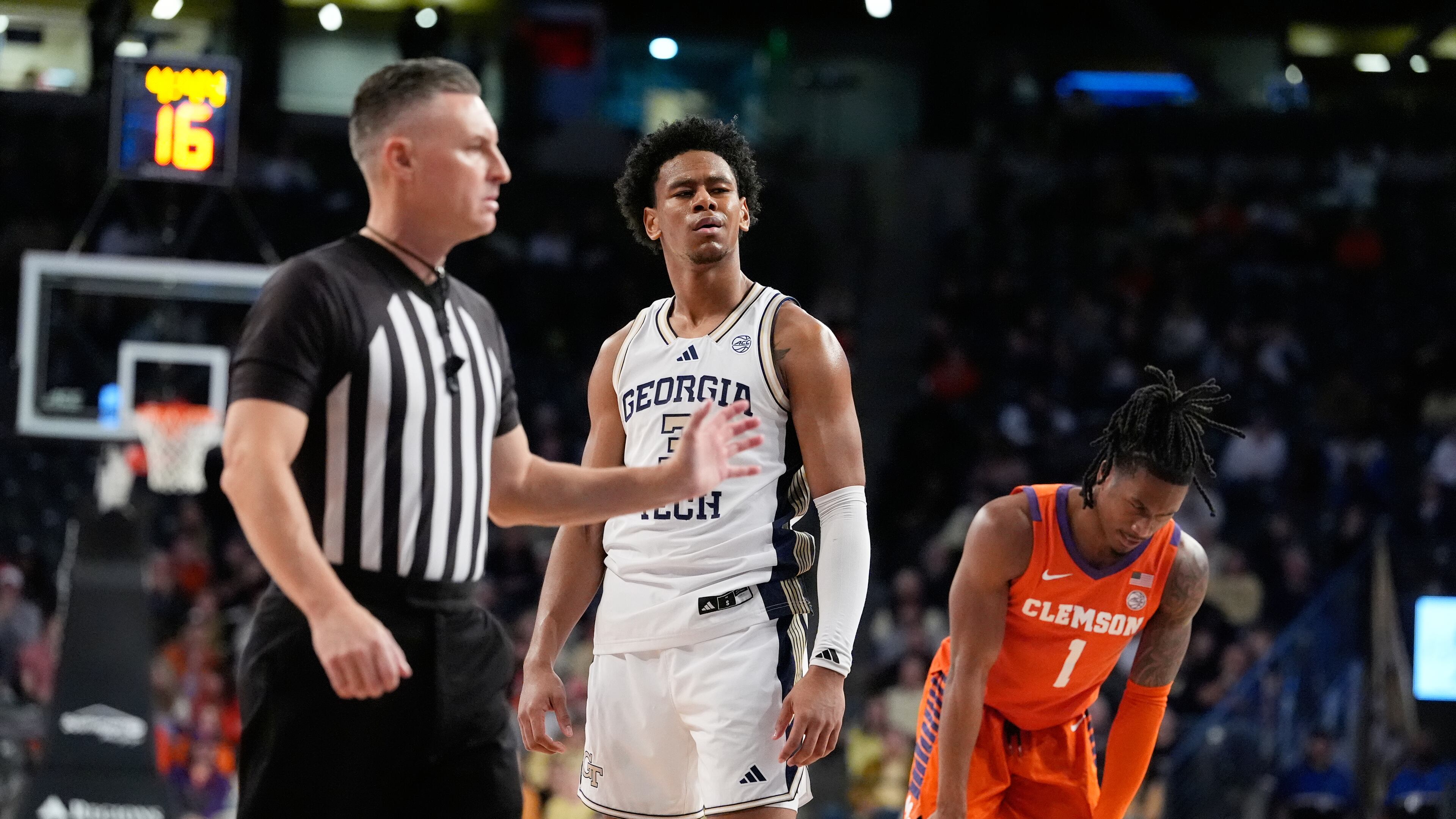 Georgia Tech guard Jaeden Mustaf (3) reacts to the referee during the second half of an NCAA college basketball game against Clemson, Saturday, Jan. 24, 2026, in Atlanta. (AP Photo/Brynn Anderson)