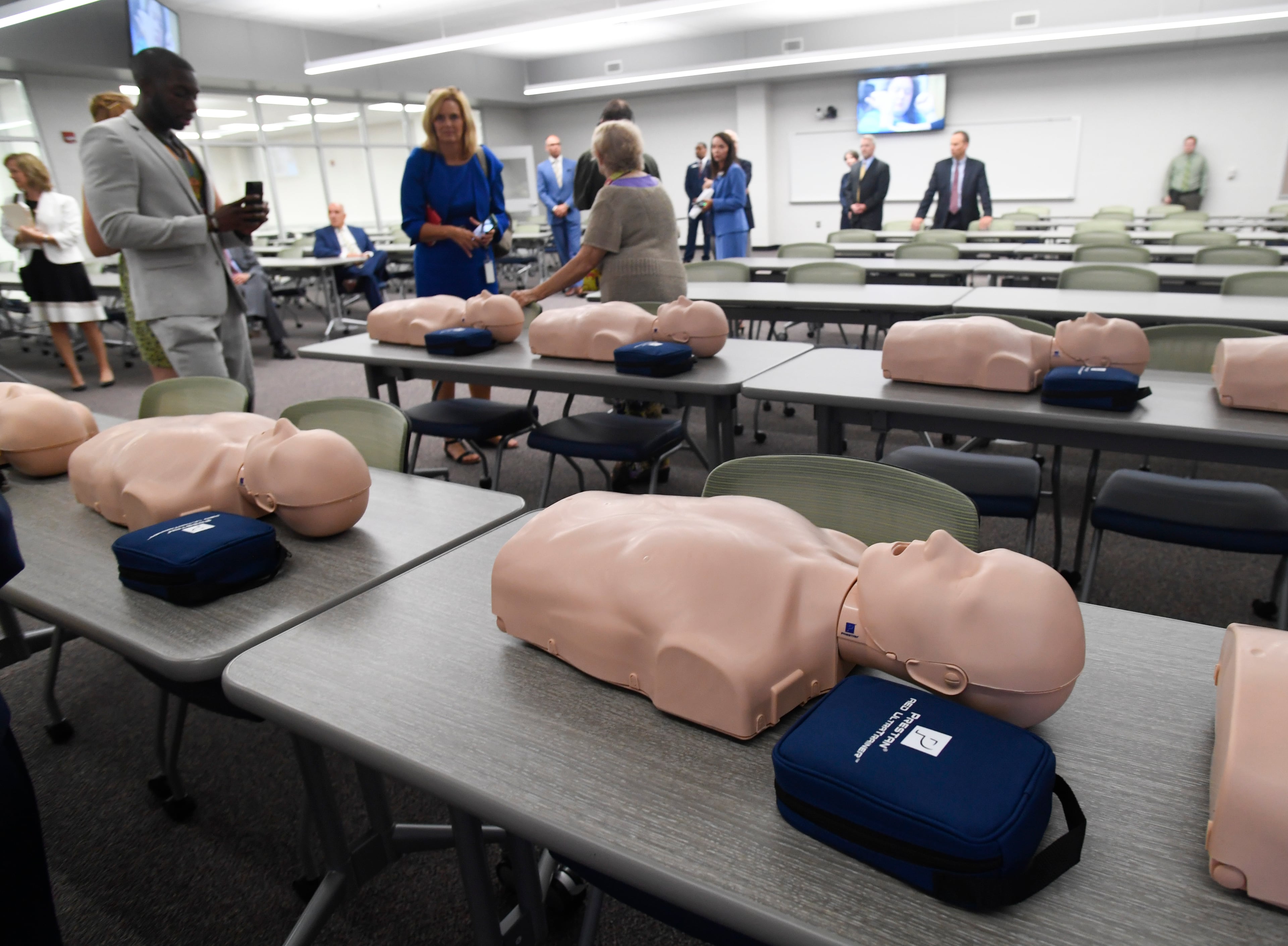 CPR dummies lay on a table in a lecture area shown during a tour â McClure Health Science High School is the newest Gwinnett County High School. We tour the facilities and talk to school board and administrators about the need for this school and expectations.
JOHN AMIS / SPECIAL TO THE AJC