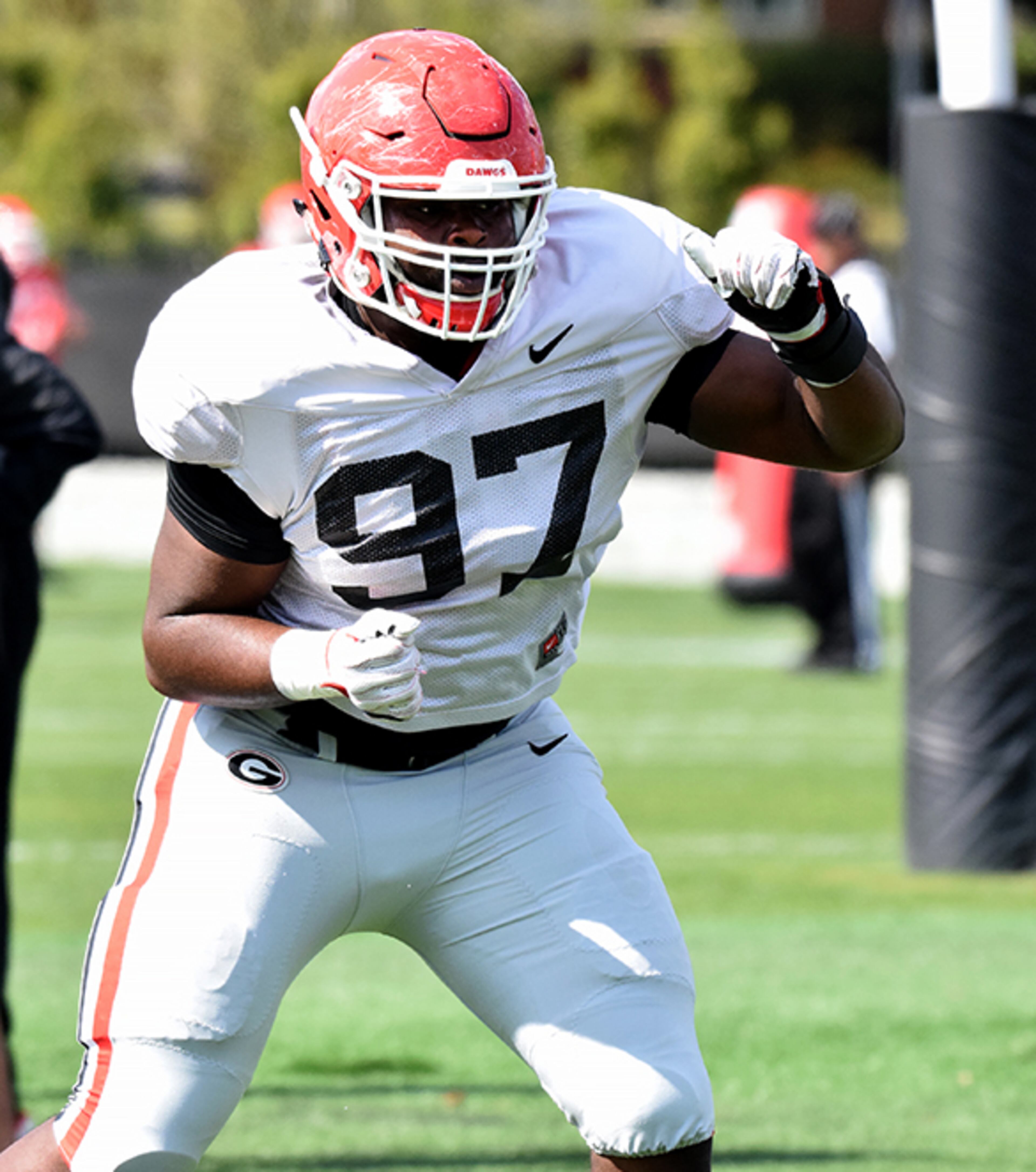Georgia offensive lineman Chris Barnes (97) made the switch to defensive line during the Bulldogs' practice Tuesday, April 10, 2018, on the Woodruff Practice Fields in Athens.