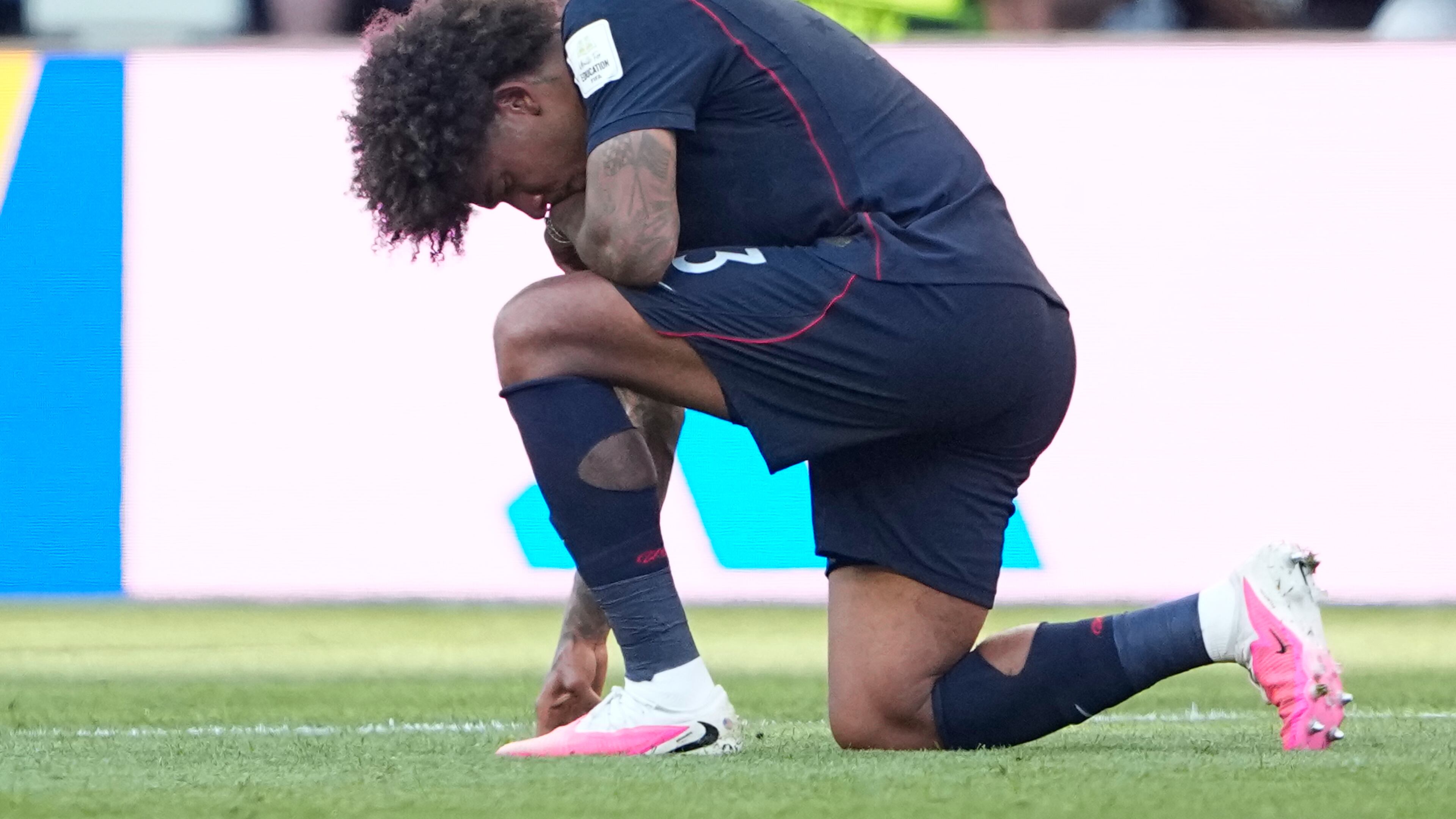 United States' Chris Richards (3) reacts following the World Cup round of 16 soccer match between the United States and Belgium in Seattle, Monday, July 6, 2026. (AP Photo/Lindsey Wasson)