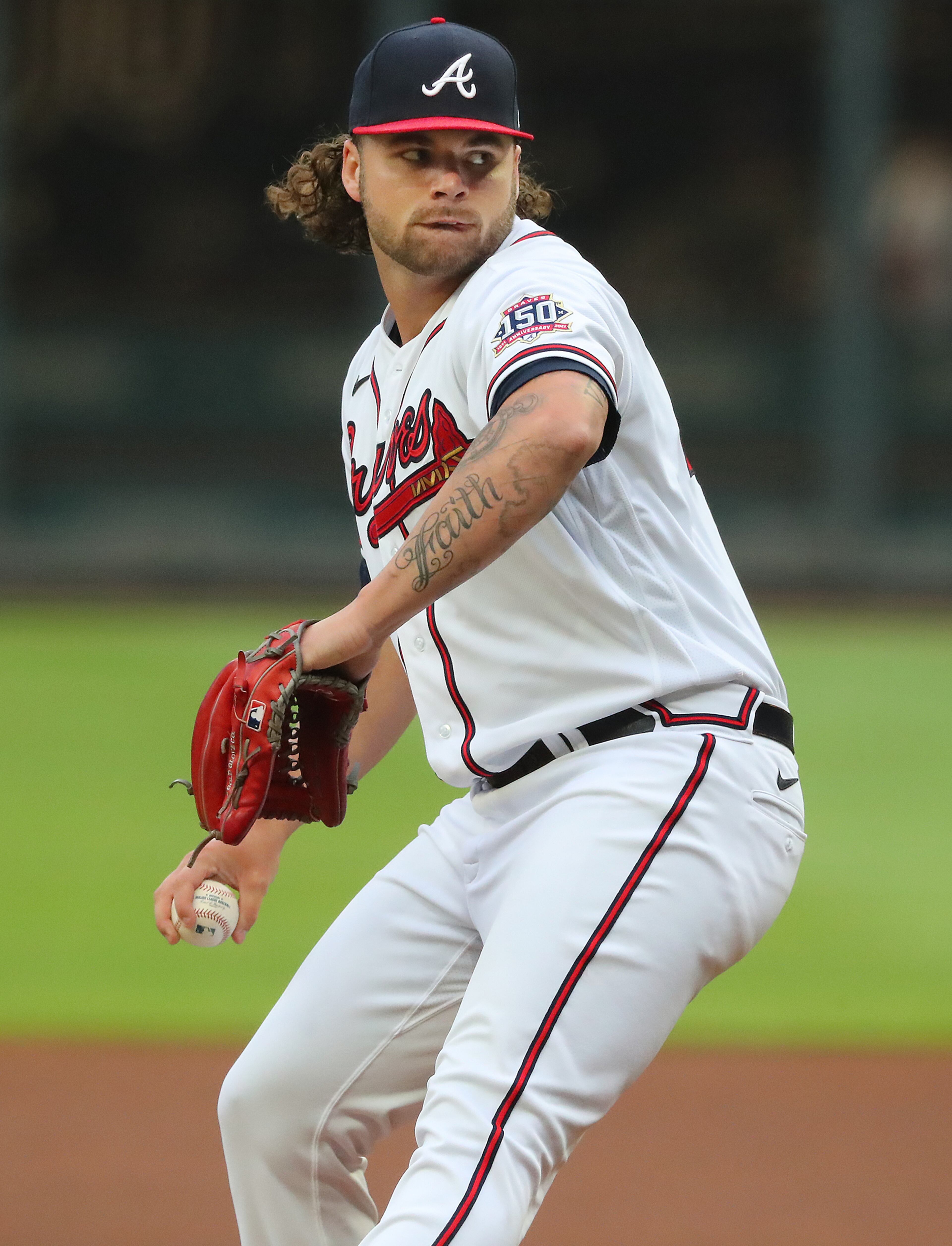 Braves starting pitcher Bryse Wilson delivers against the Toronto Blue Jays. “Curtis Compton / Curtis.Compton@ajc.com”