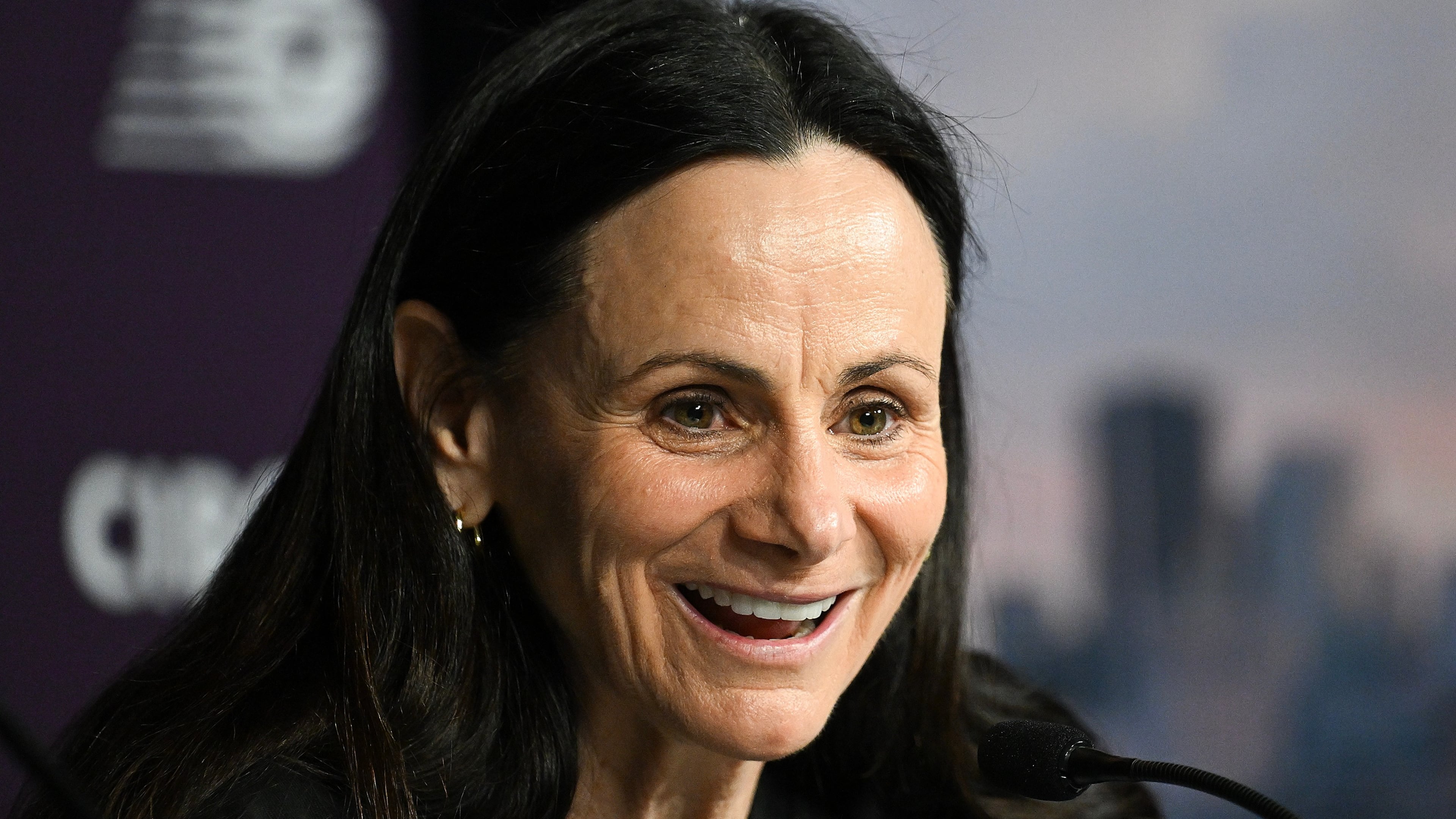 Toronto Tempo head coach Sandy Brondello speaks to the media prior to a WNBA basketball game against the New York Liberty in Montreal, Sunday, July 12, 2026. (Graham Hughes/The Canadian Press via AP)