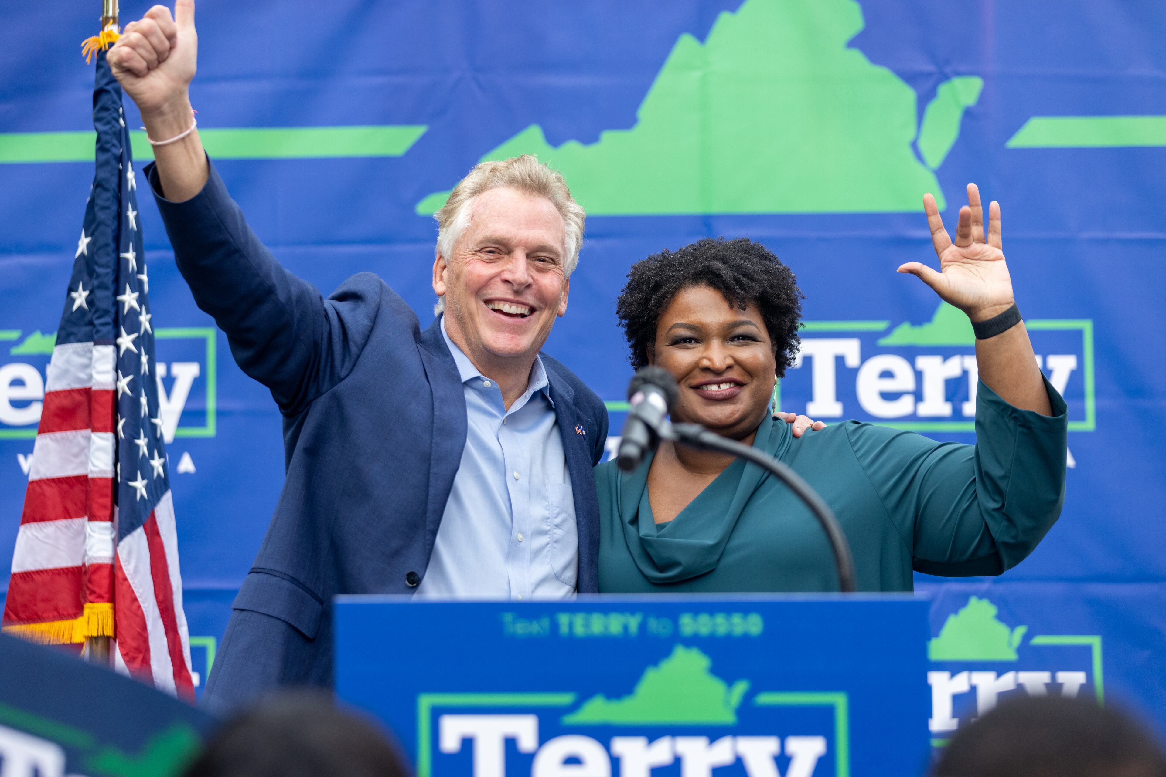 Stacey Abrams is seen with gubernatorial candidate, and former Virginia Governor, Terry McAullife (D-VA) after a rally for McAuliffe's gubernatorial campaign on October 17th, 2021 in Fairfax, Virginia.