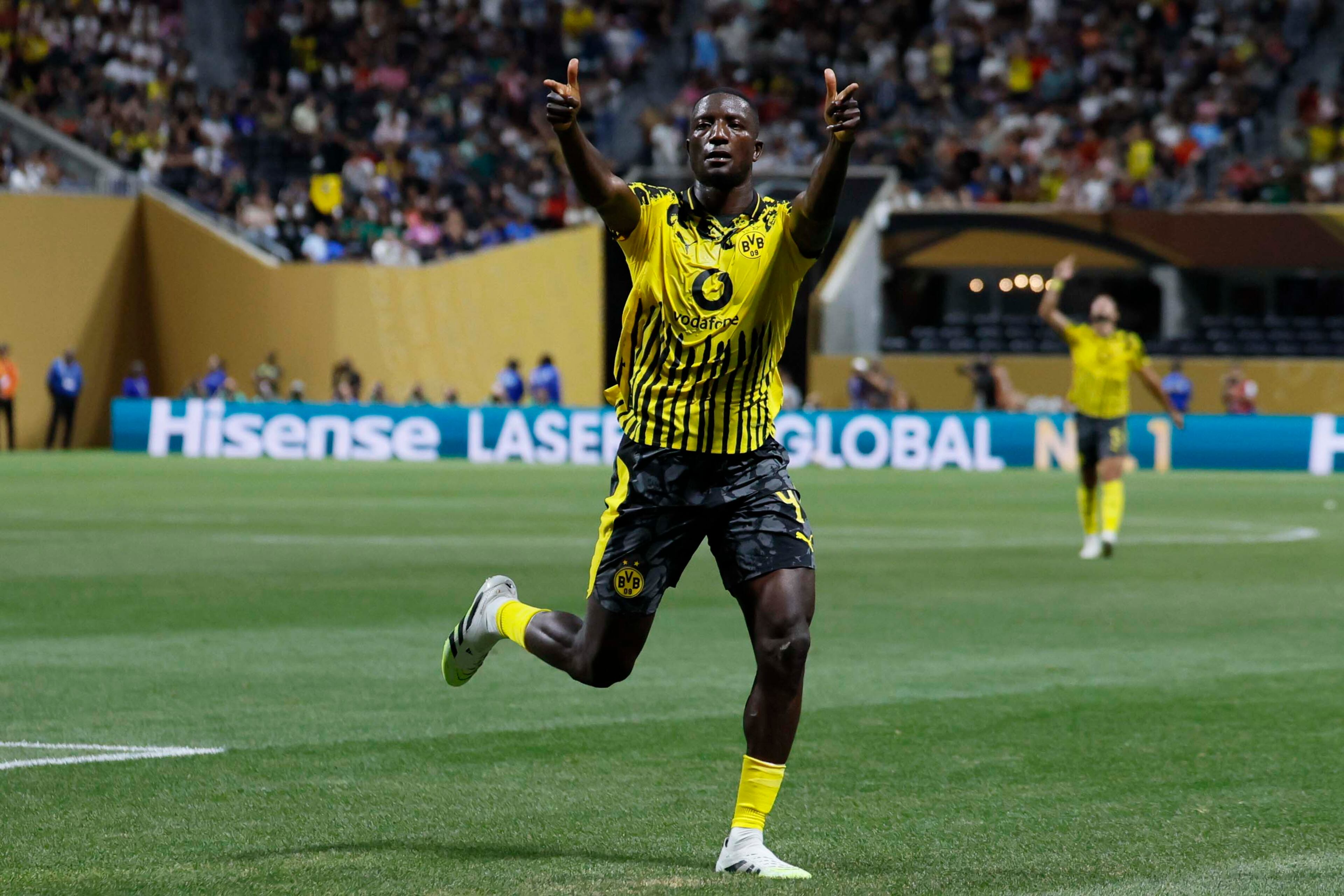 Borussia Dortmund forward Serhou Guirassy (9) reacts after scoring his team’s second goal during the Club World Cup round of 16 soccer match between Borussia Dortmund and C.F. Monterrey in Atlanta, Georgia, on Tuesday, July 1, 2025.
(Miguel Martinez/ AJC)