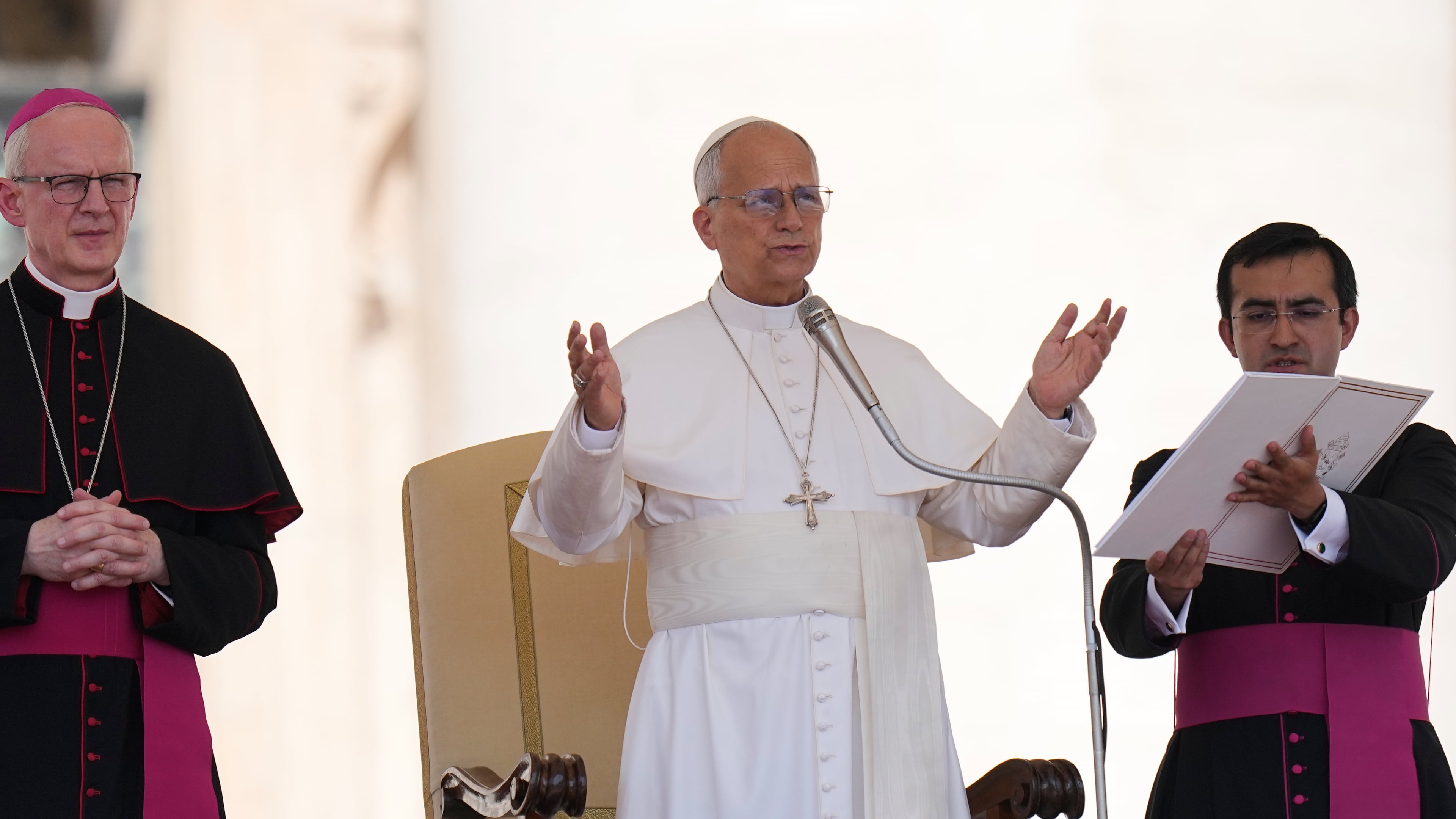 Pope Leo XIV holds his weekly general audience in St. Peter's Square at The Vatican, Wednesday, June 24, 2026. (AP Photo/Alessandra Tarantino)