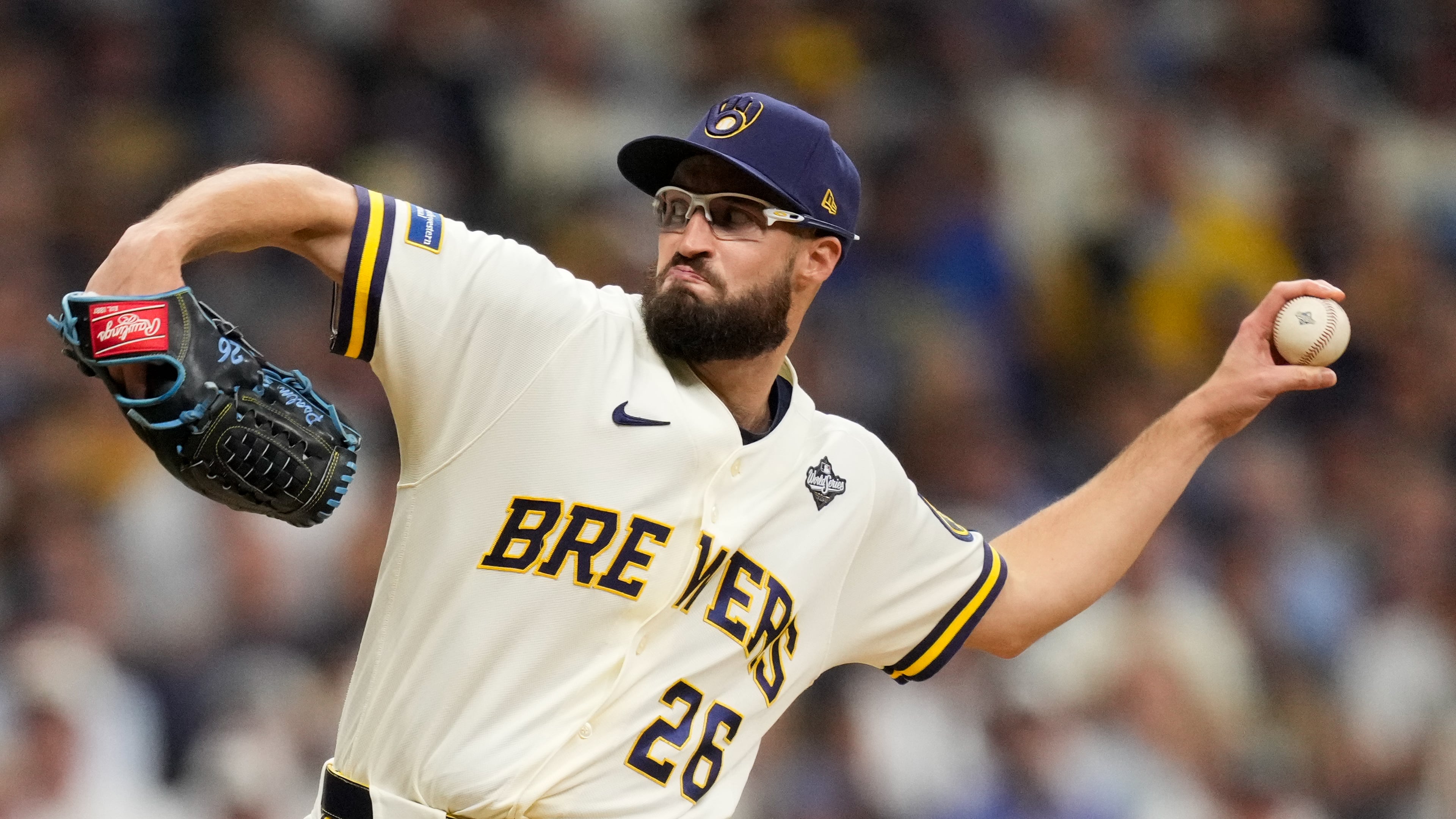 Milwaukee Brewers pitcher Aaron Ashby throws during the eighth inning of Game 2 of baseball's World Series, Saturday, Oct. 24, 2026, in Milwaukee, between the Milwaukee Brewers and the Tampa Bay Rays. (AP Photo/Ashley Landis)