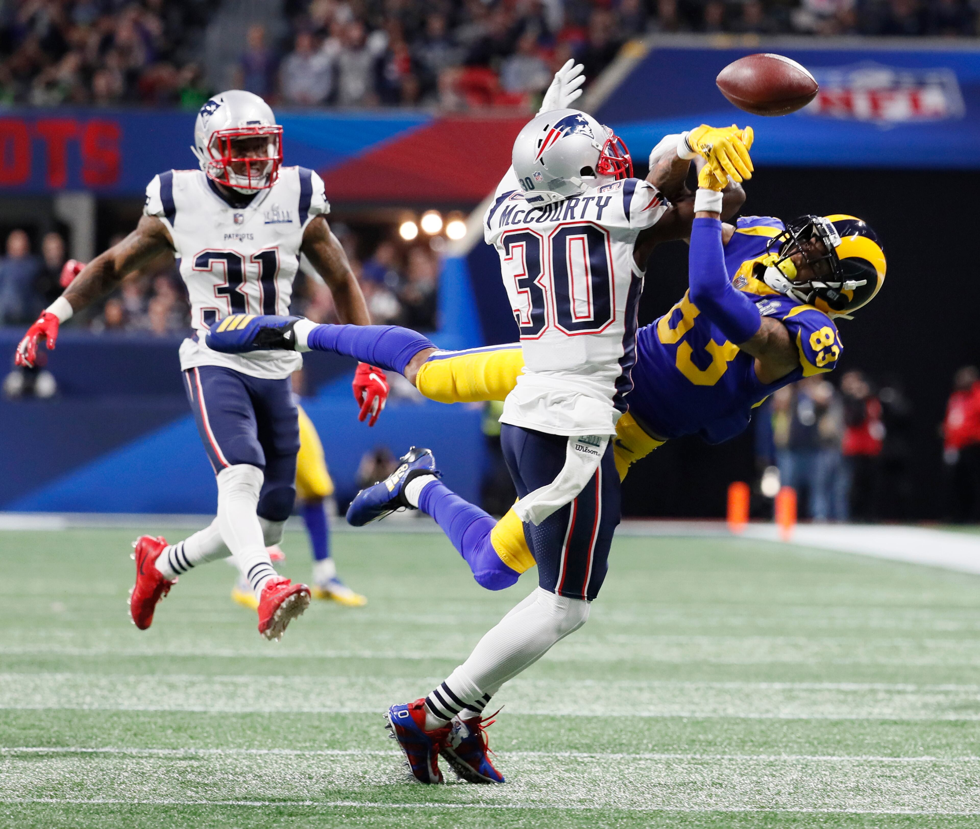2/3/19 - Atlanta - On third down in the second quarter, Los Angeles Rams wide receiver Josh Reynolds (83) on an incomplete pass against the New England Patriots during Super Bowl LIII on Sunday, Feb. 3, 2019 at Mercedes-Benz Stadium in Atlanta, Ga. Bob Andres / bandres@ajc.com