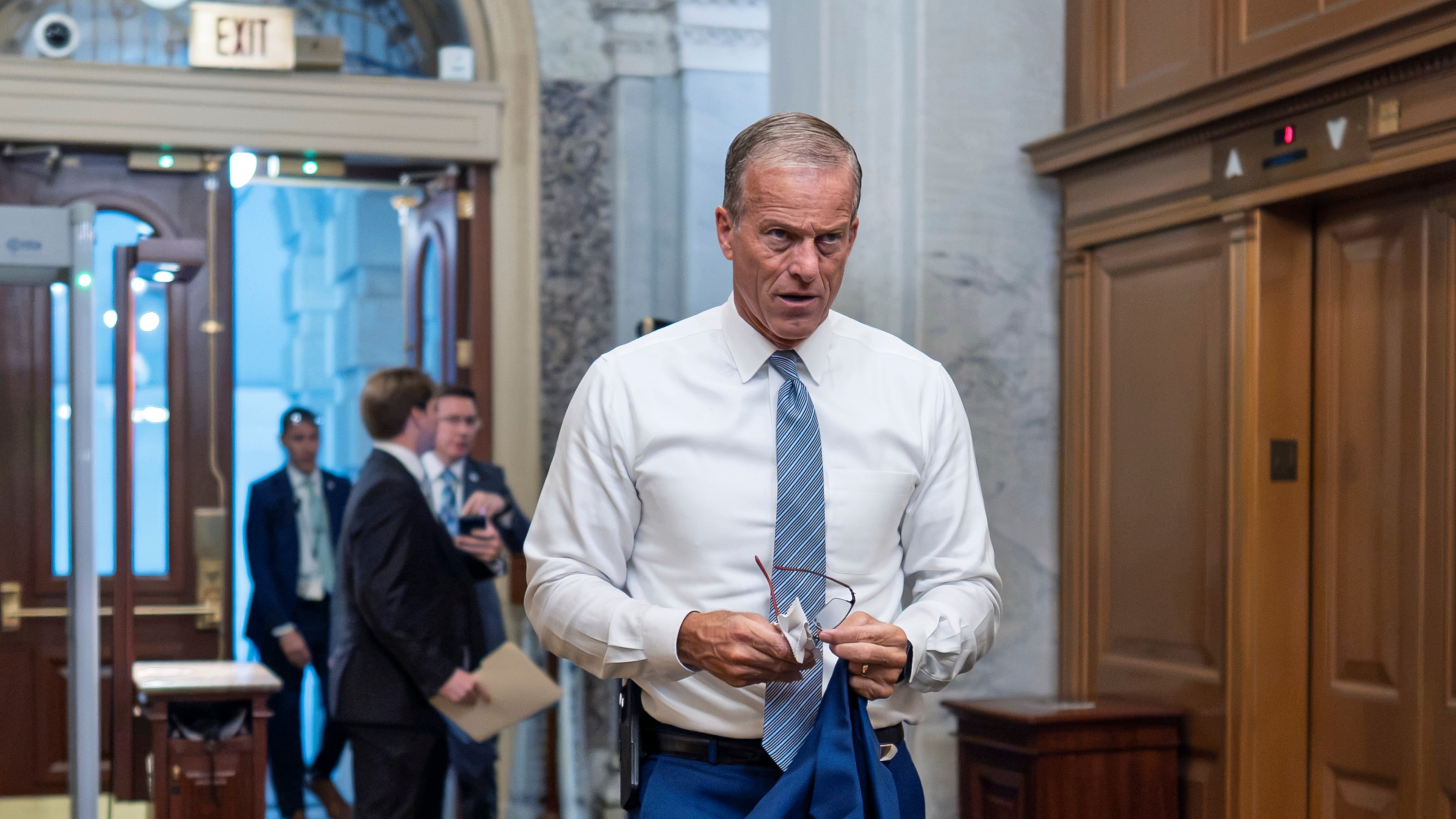 Senate Majority Leader John Thune, R-S.D., arrives at the Capitol in Washington, Tuesday, June 23, 2026, as he prepares for a meeting with President Donald Trump. (AP Photo/J. Scott Applewhite)