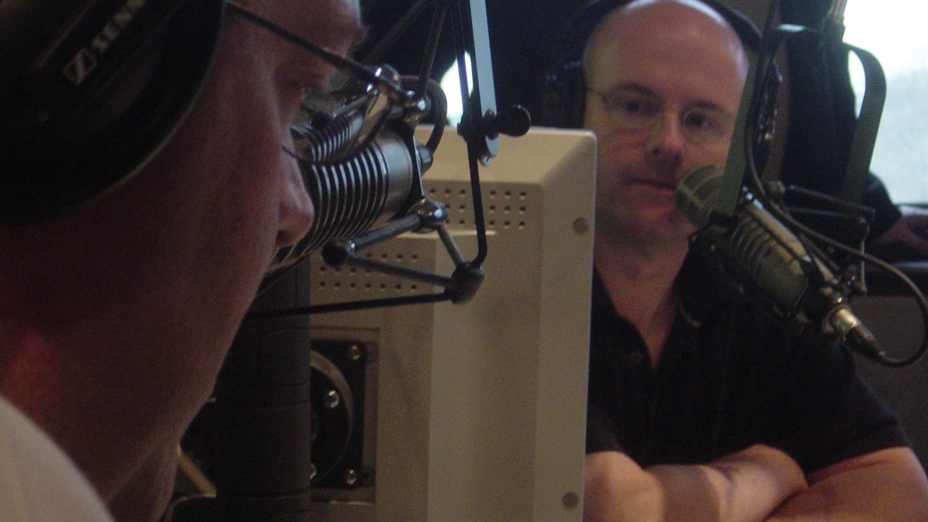 050321 - ATLANTA, GA -- The Regular Guys, Eric Von Haessler (left) and Larry Wachs, returned to the airwaves Monday, March 21, 2005 on news/talk WGST-AM after a year in exile after an indecency snafu that stemmed from the Janet Jackson Super Bowl incident. They had been on 96rock. (RODNEY HO/AJC staff)