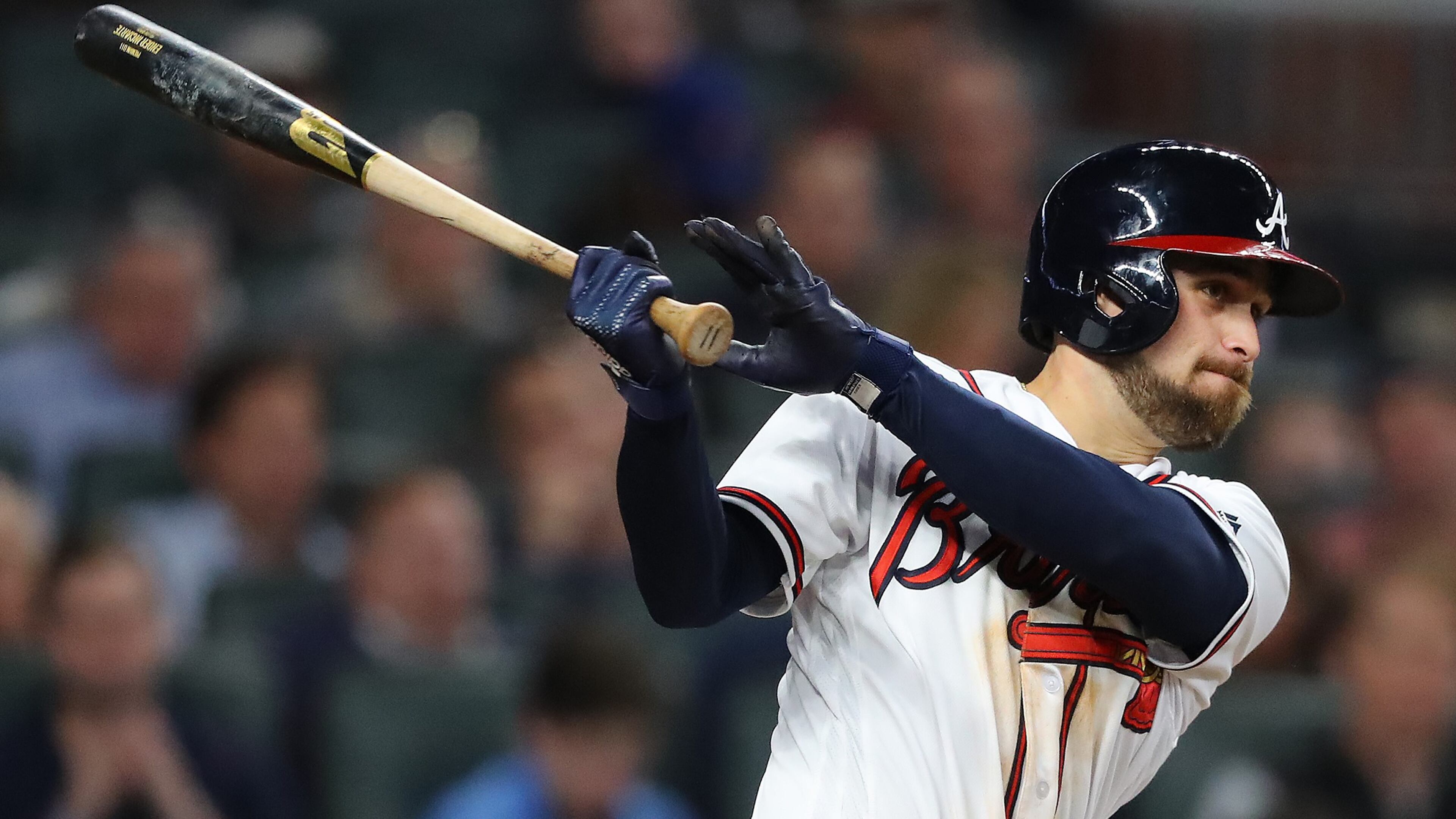 Atlanta Braves Ender Inciarte hits his third straight single against the Philles during the fifth inning in a MLB baseball game on Tuesday, April 17, 2018, in Atlanta.