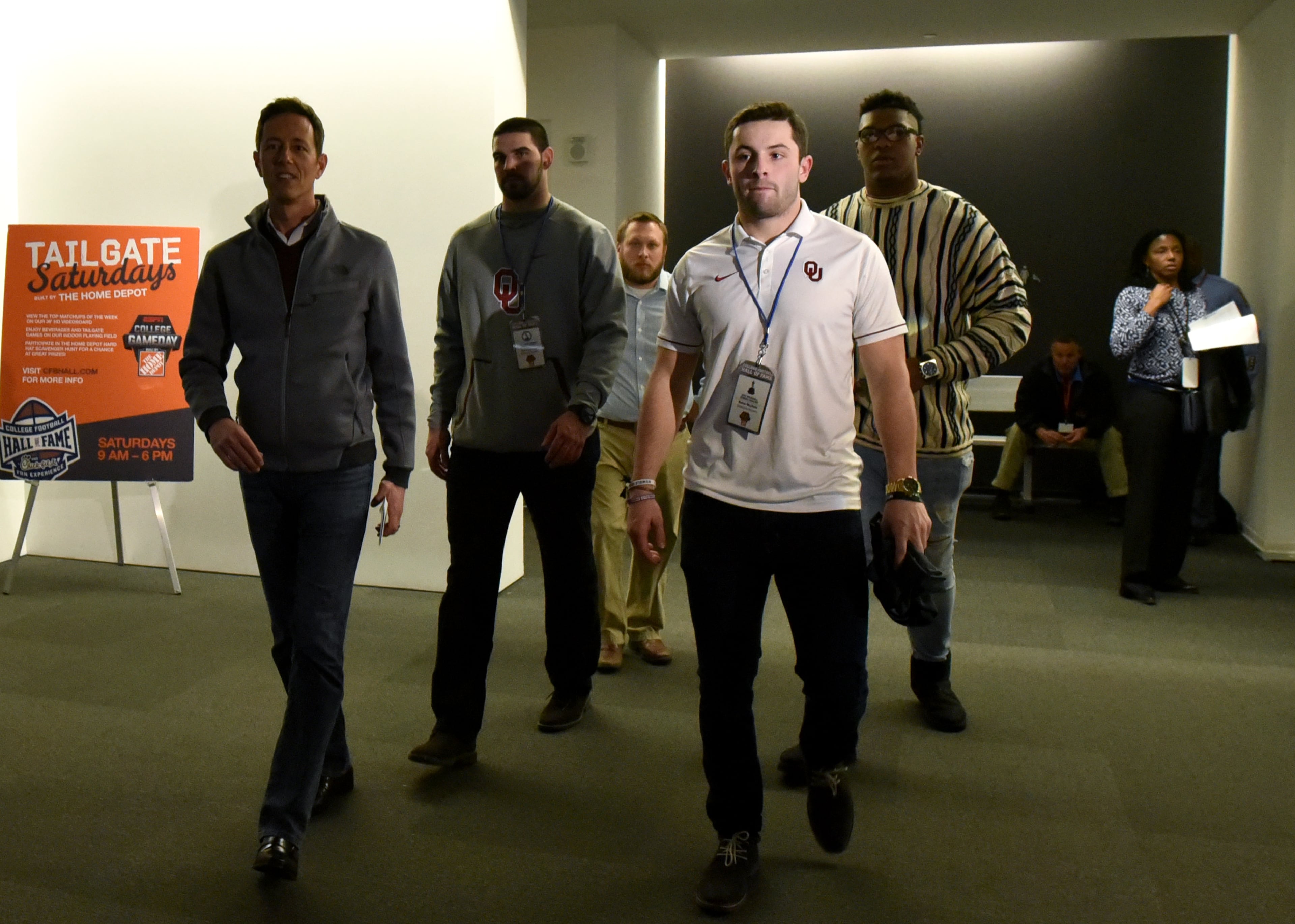 December 6, 2017 Atlanta - Finalists for many of college football's top awards including Oklahoma quarterback Baker Mayfield enter for interviews at College Football Hall of Fame on Wednesday, December 6, 2017. HYOSUB SHIN / HSHIN@AJC.COM