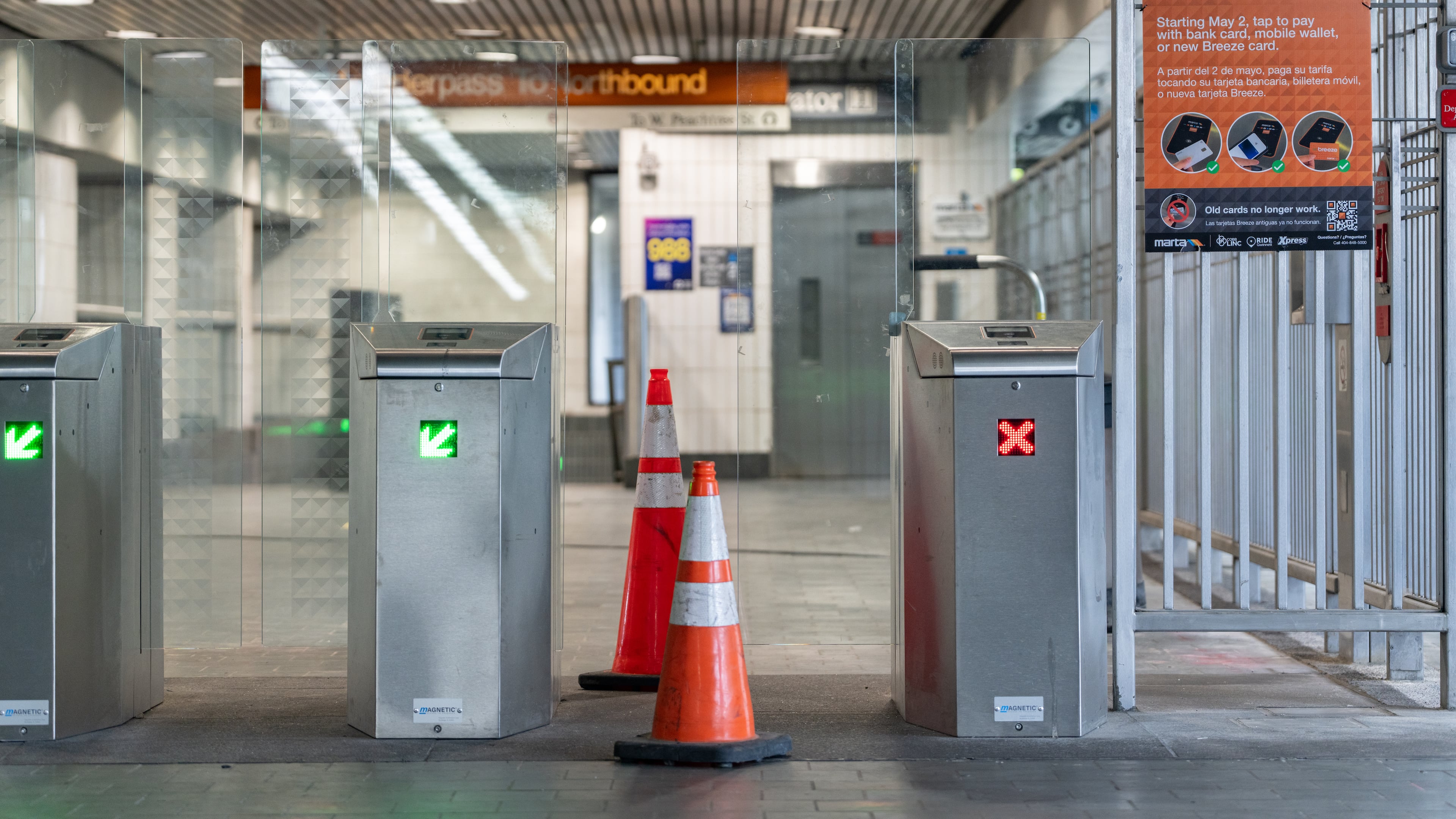 A broken fare gate at the Civic Center MARTA station gives riders fewer entrances into the station Tuesday, June 2, 2026. (Ben Hendren for the AJC)