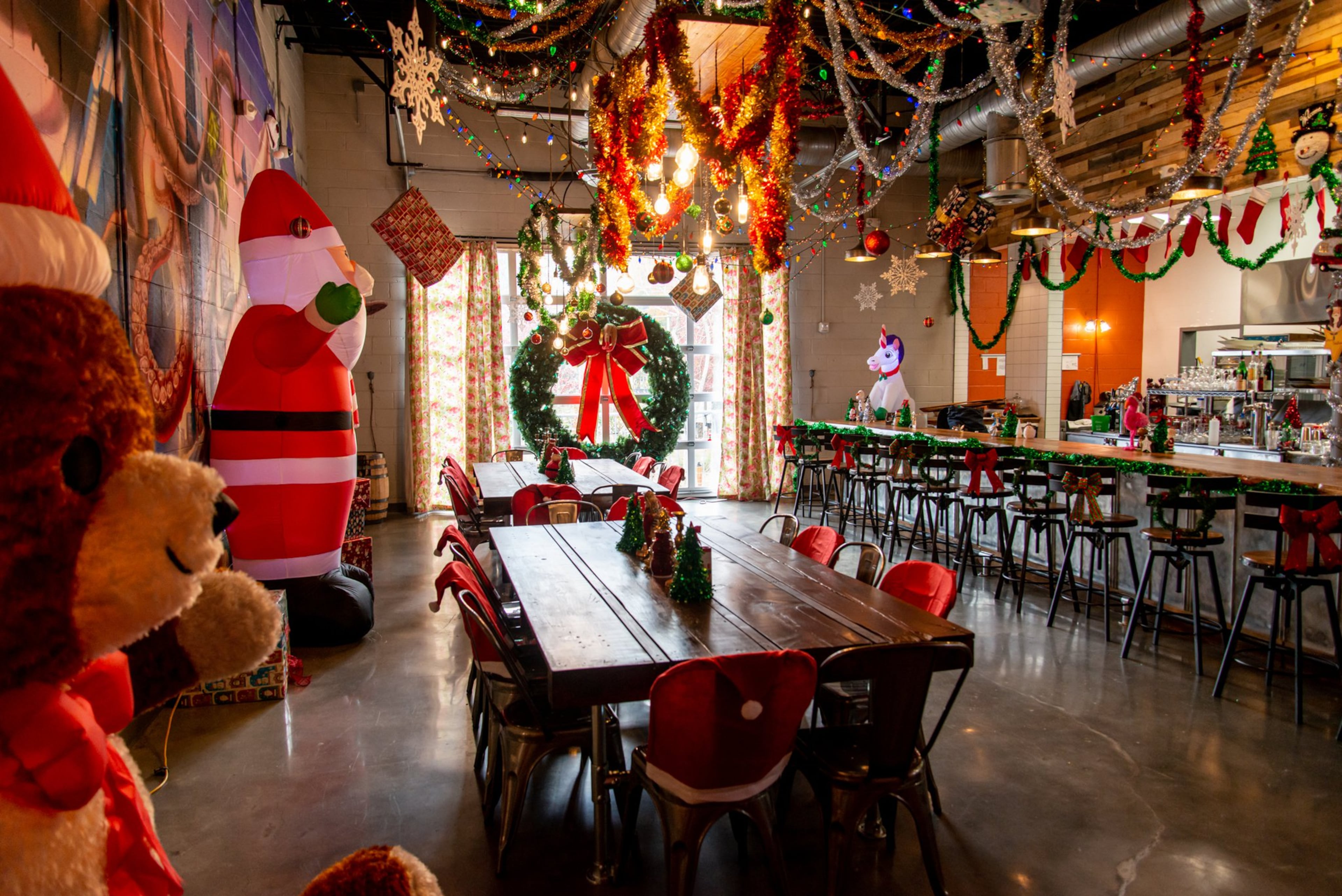 Pop up Christmas Bar area at Best End Brewing. Photo credit- Mia Yakel.