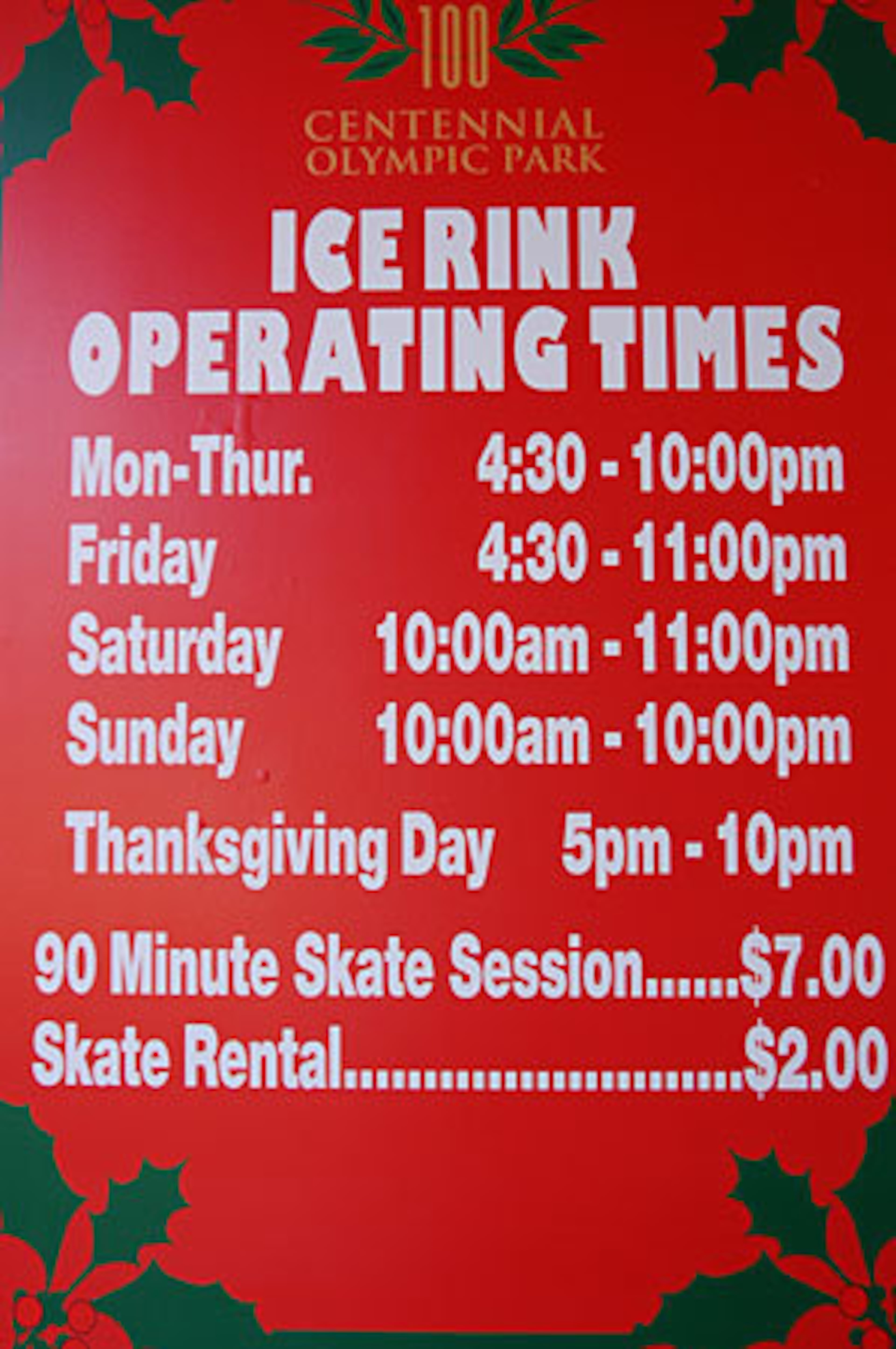 This sign at the rink lays out the schedule and prices.