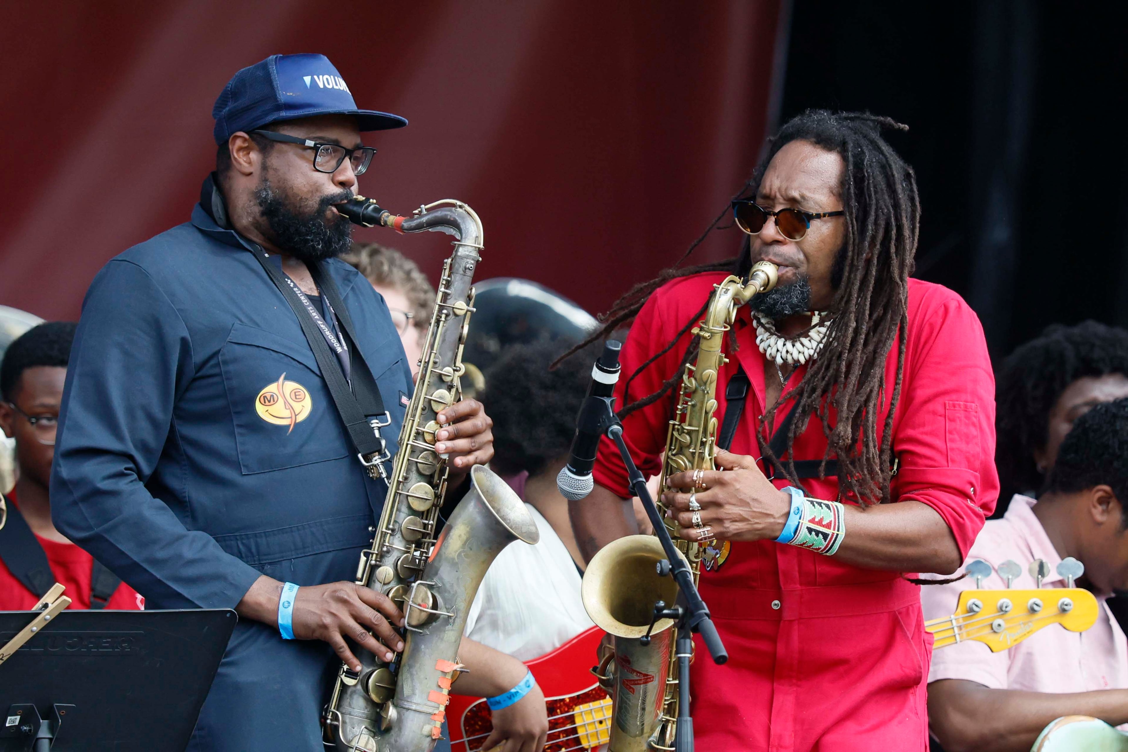 American saxophonist, composer, arranger and music producer Kebbi Williams (right) performs with The Wolfpack at the Atlanta Jazz Festival in Piedmont Park on May 24, 2026, in Midtown Atlanta. (Miguel Martinez/AJC)