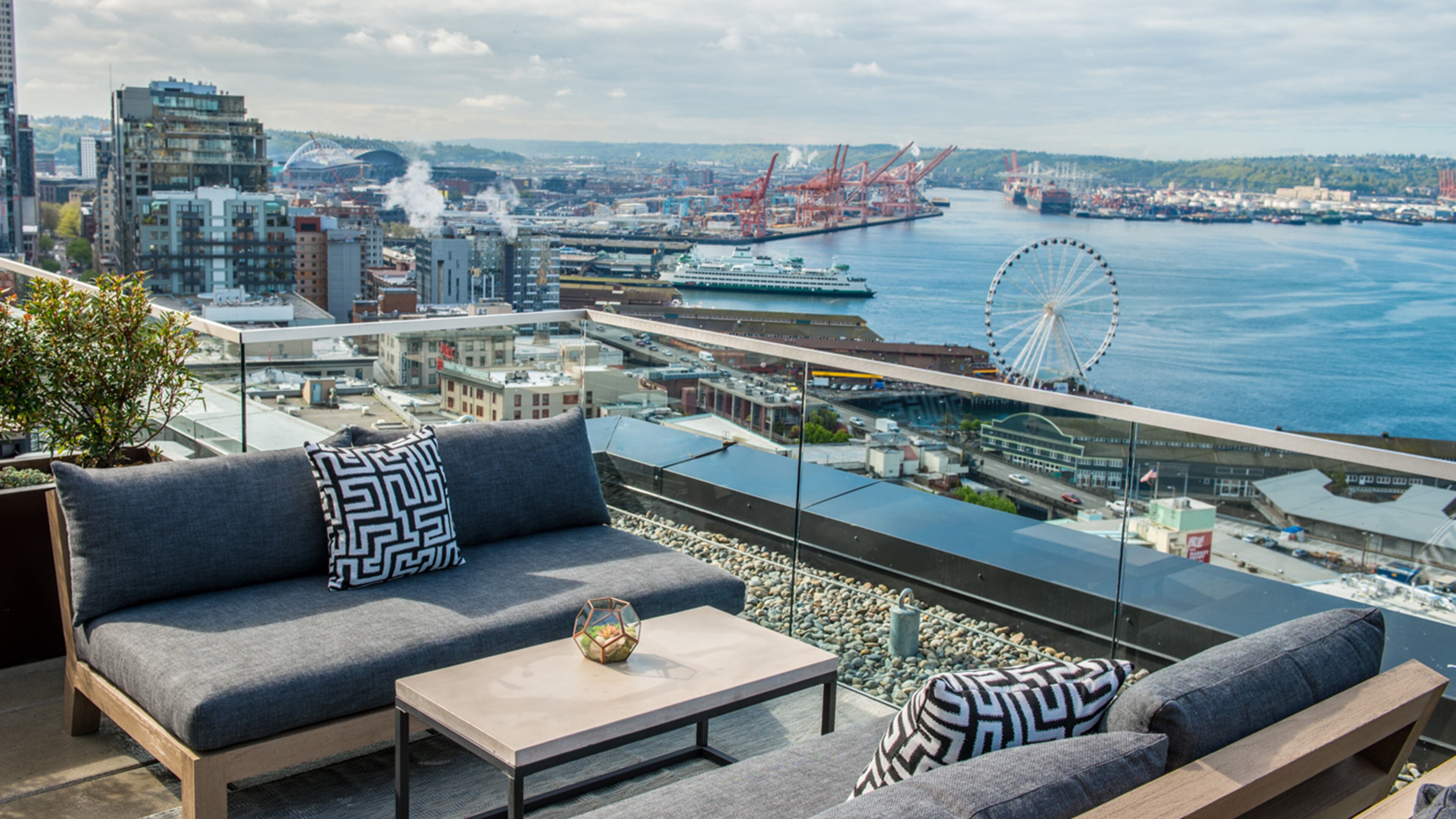 Since it opened in 2016, The Nest, a rooftop bar at Seattle's Thompson Hotel, has been one of the best spots in the city to enjoy a cocktail and the waterfront view. (Thompson Seattle)