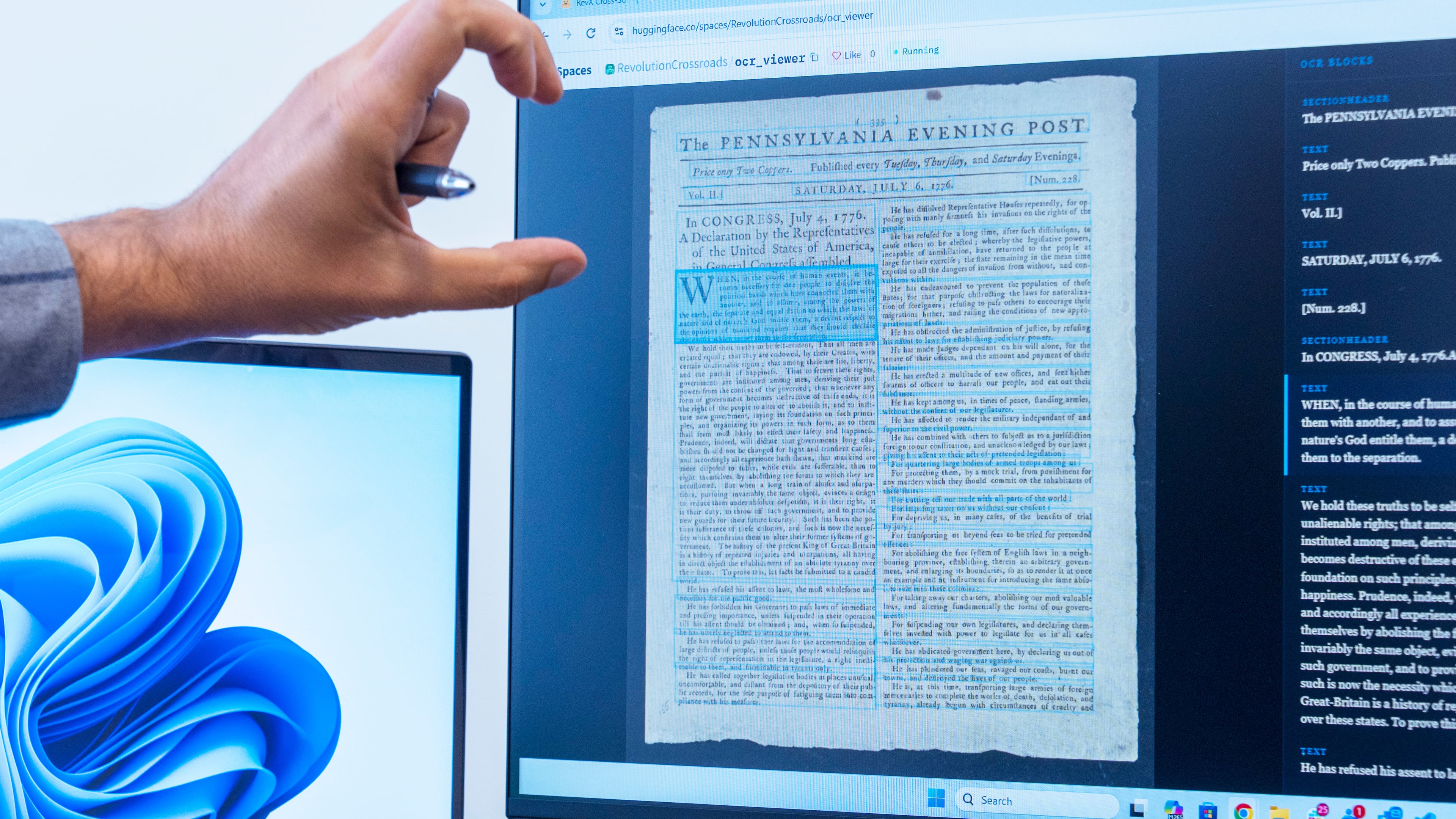 Smithsonian data scientist Mike Trizna, shows a copy on a computer screen of the first printed publication of the Declaration of Independence, Tuesday, Sept. 29, 2026, in Washington. (AP Photo/Manuel Balce Ceneta)