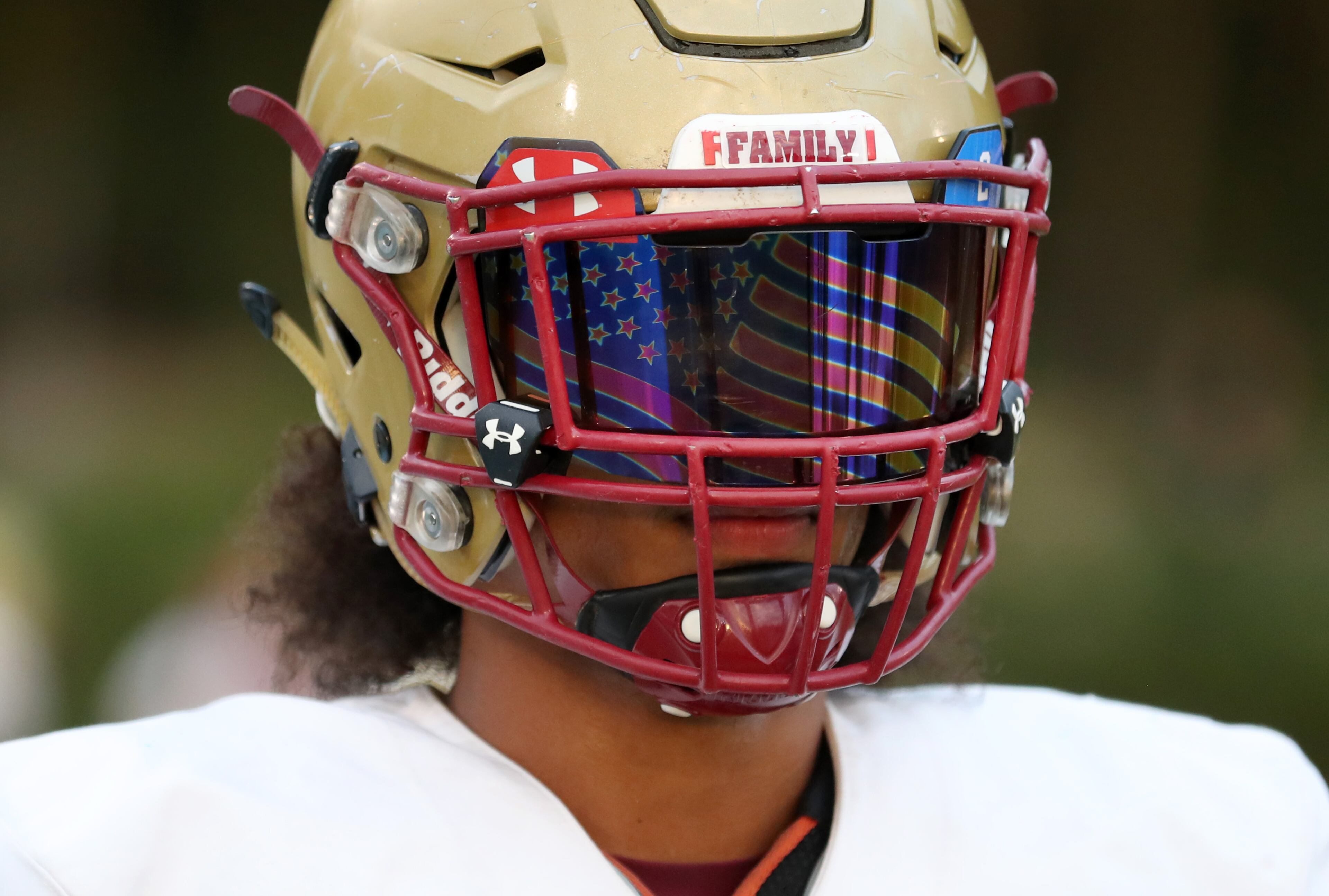 October 6, 2017 - Norcross, Ga: Brookwood wide receiver Matthew Hill (2) wears a U.S. flag inspired visor shown before their game against Meadowcreek at Meadowcreek High School Friday, October 6, 2017, in Norcross. PHOTO / JASON GETZ