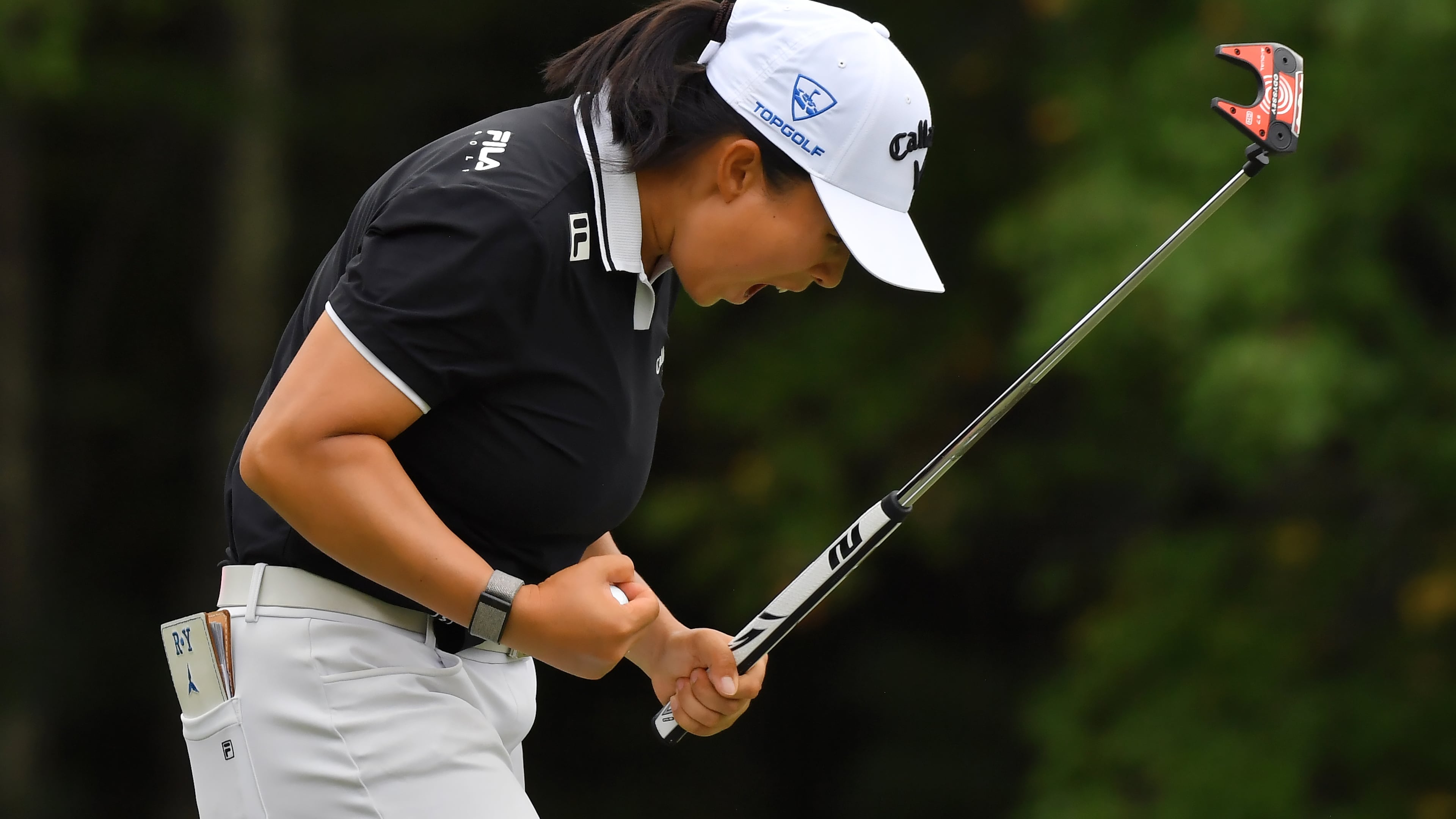 Ruoning Yin, of China, celebrates after sinking her final putt on the 18th green to win the LPGA FM Championship golf tournament, Sunday, Aug. 30, 2026, in Norton, Mass. (AP Photo/Steven Senne)