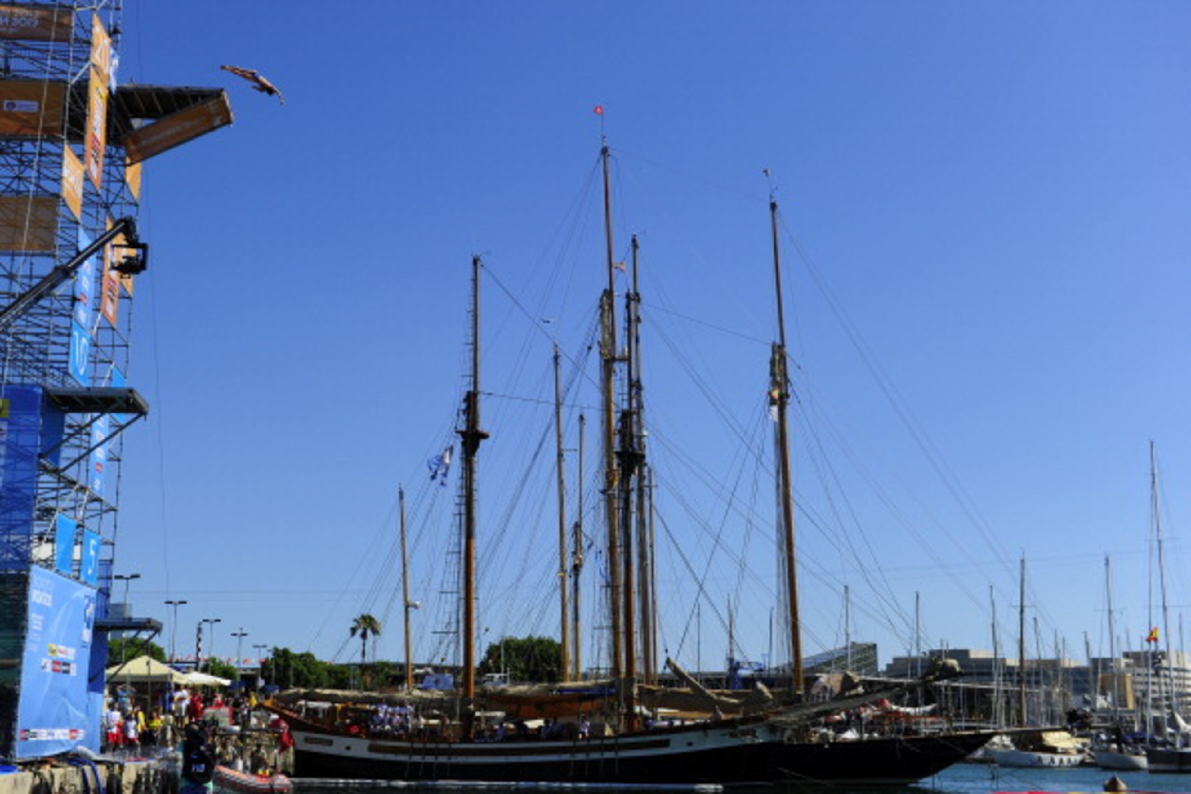 US diver Ginger Huber competes in the women's high diving competition at the FINA World Championships in Moll de la Fusta port in Barcelona on July 30, 2013. AFP PHOTO / JAVIER SORIANO (Photo credit should read JAVIER SORIANO/AFP/Getty Images)