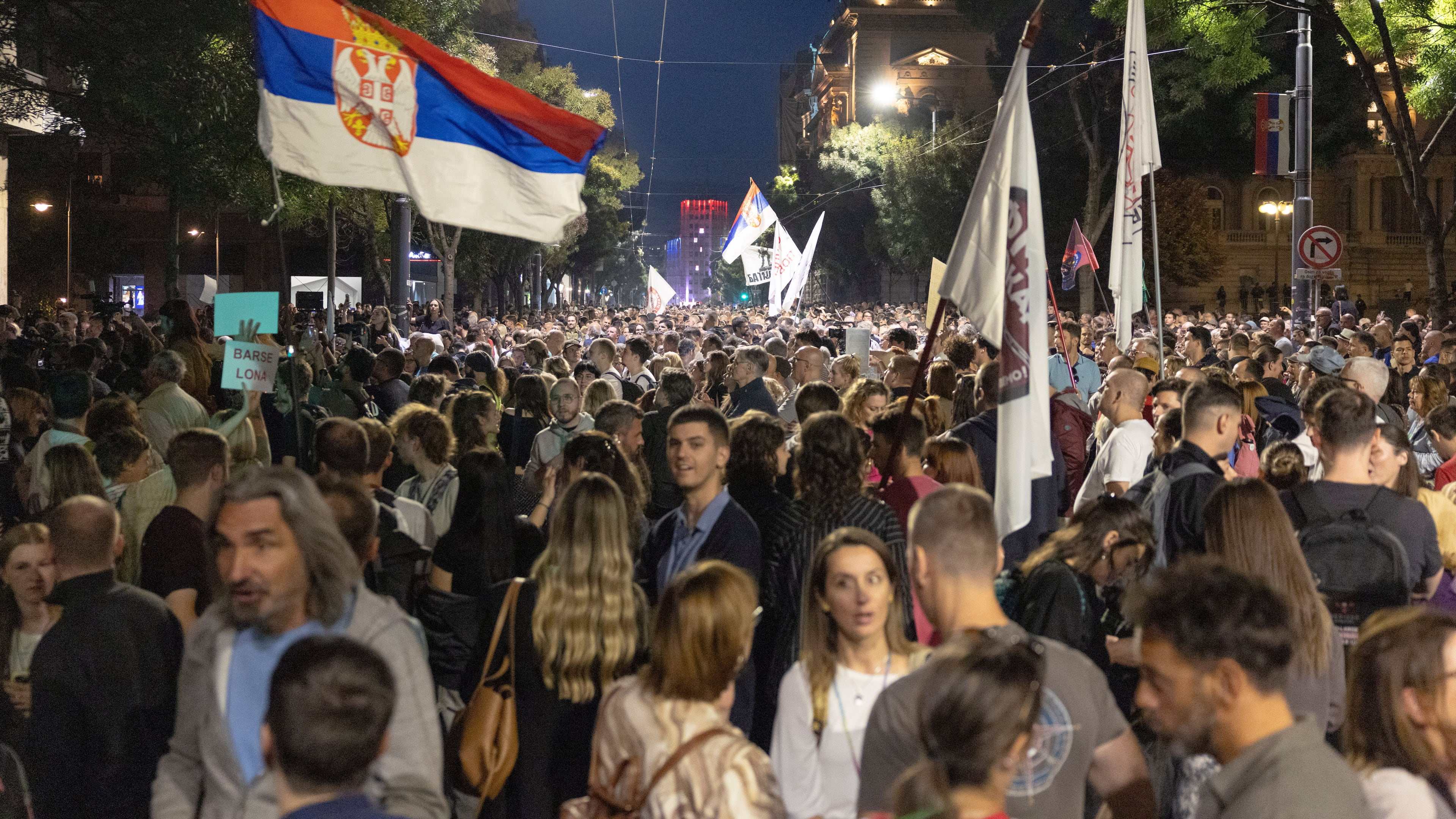 Supporters of the Students List stage a protest in front of Serbia's Election Commission headquarters in Belgrade, Serbia, Wednesday, Oct. 7, 2026. (AP Photo/Marko Drobnjakovic)