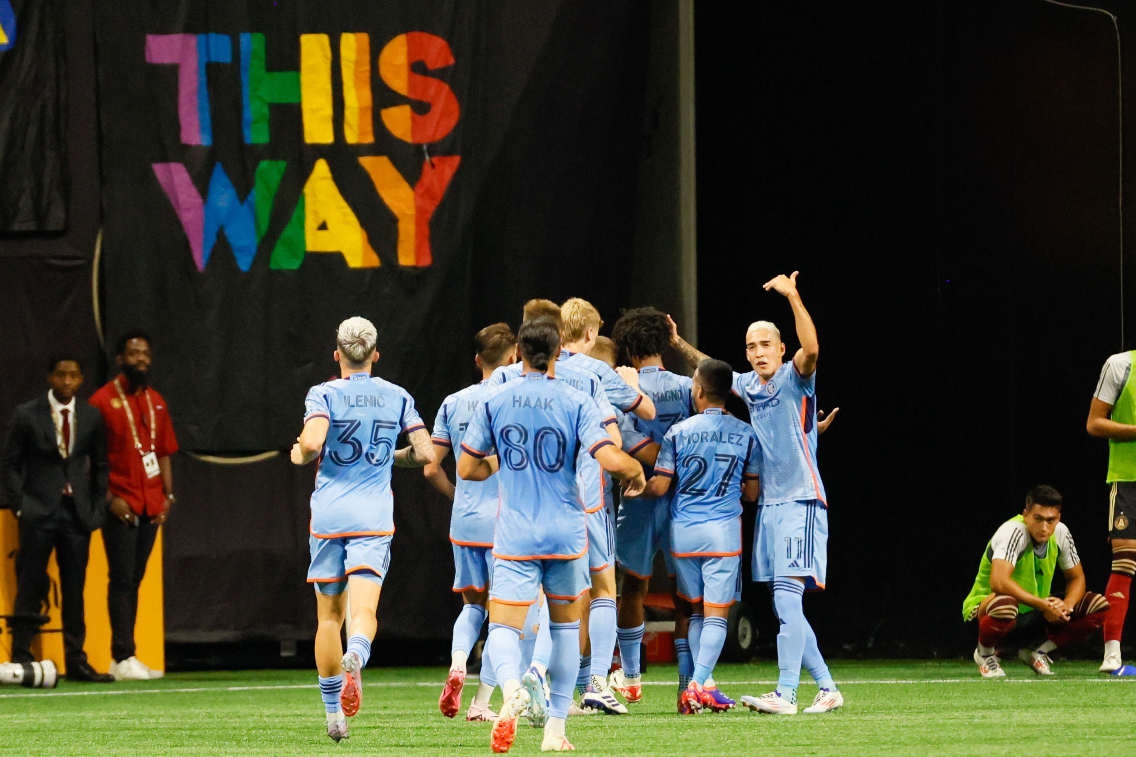 New York City players gather to celebrate after scoring the second goal to tie the game against Atlanta United at Mercedes-Benz Stadium on Wednesday, July 17, 2024.
(Miguel Martinez/ AJC)