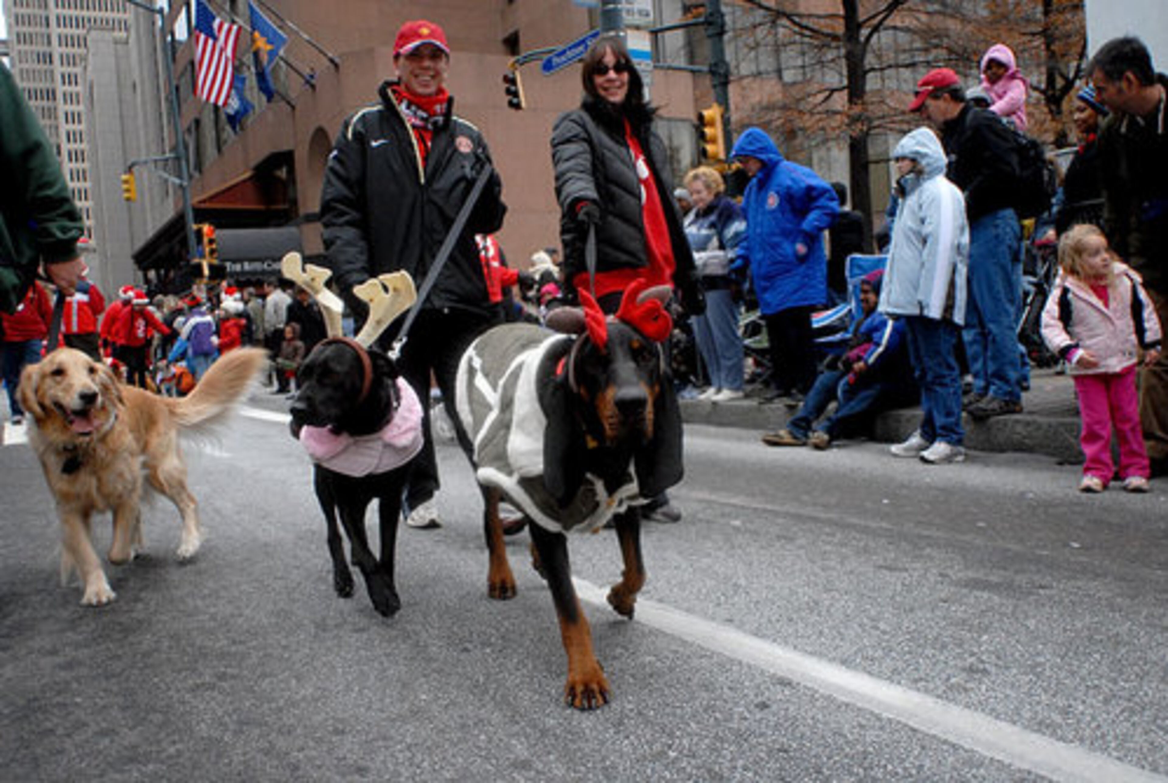 Jary and Kim Murphy, of Jasper, are led by their labrador mix, Ally and black and tan coonhound, Raeann, along with others from Happy Tails Pet Therapy.