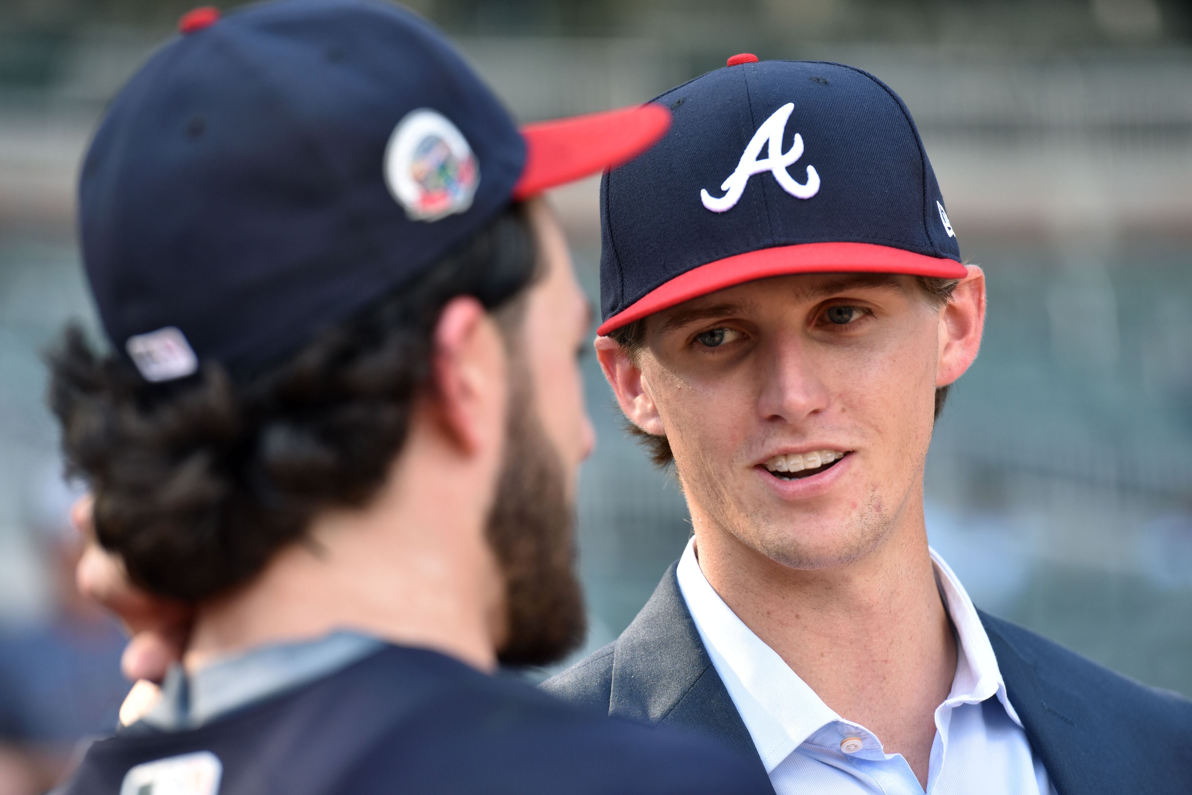 June 16, 2017 Atlanta - Kyle Wright talks with Atlanta Braves shortstop Dansby Swanson (7) before their game against the Miami Marlins at SunTrust Park on Friday, June 16, 2017. HYOSUB SHIN / HSHIN@AJC.COM