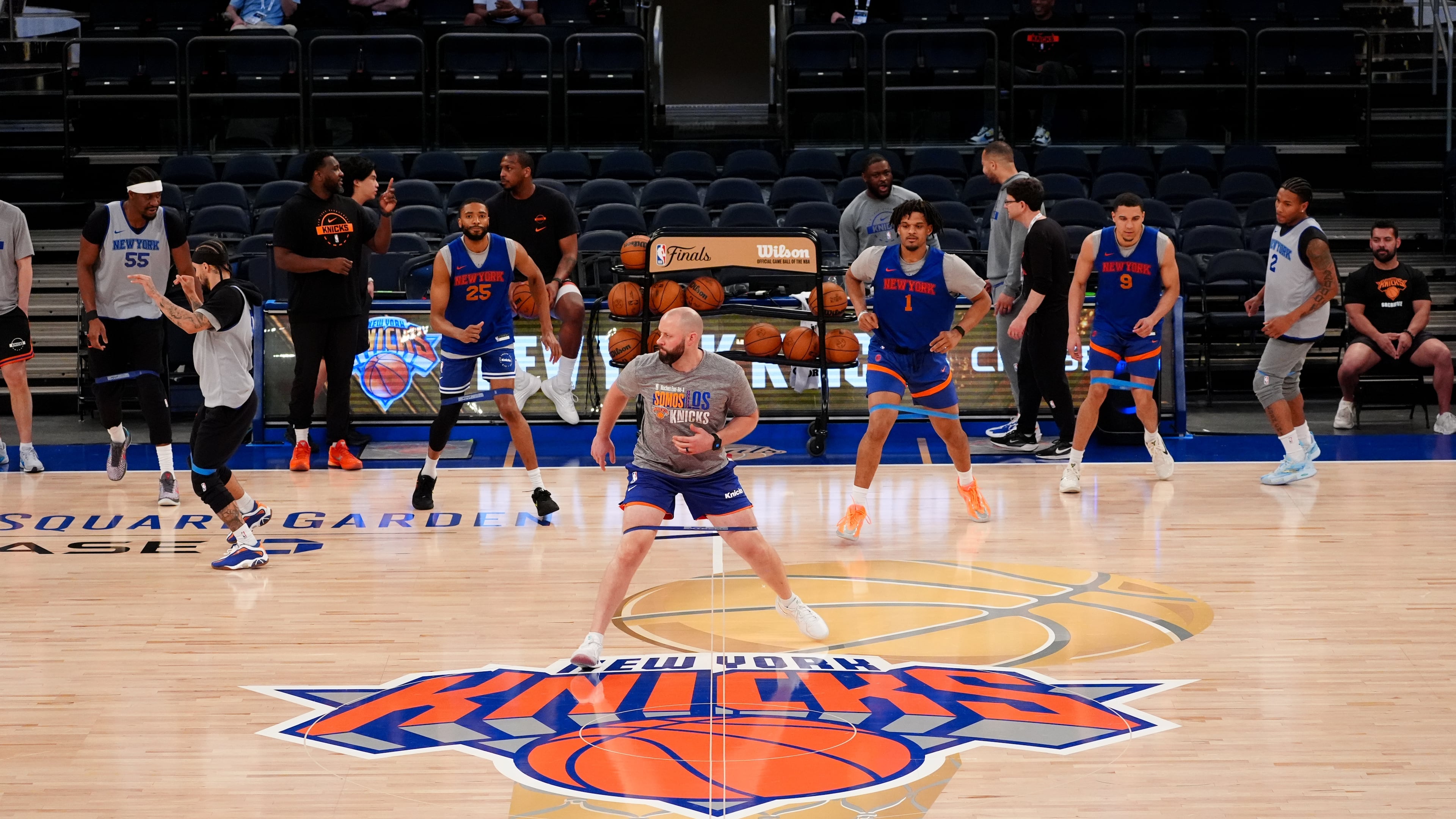 The New York Knicks practice prior to Game 3 of the NBA Finals basketball series against the San Antonio Spurs, Sunday, June 7, 2026, in New York. (AP Photo/Ross D. Franklin)