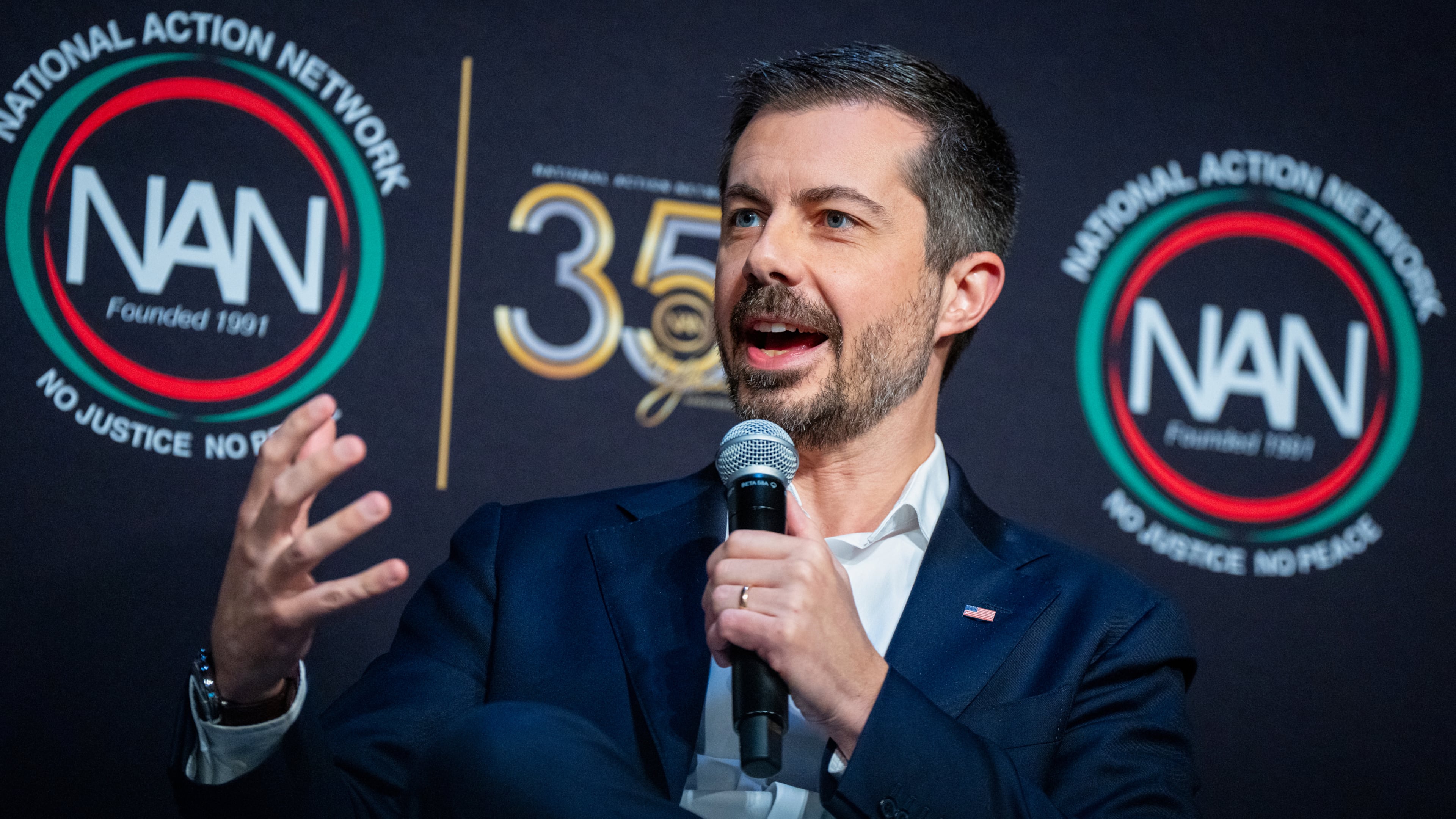 FILE - Former Transportation Secretary Pete Buttigieg speaks at the National Action Network (NAN) Convention in New York on April 10, 2026. (AP Photo/Angelina Katsanis, File)