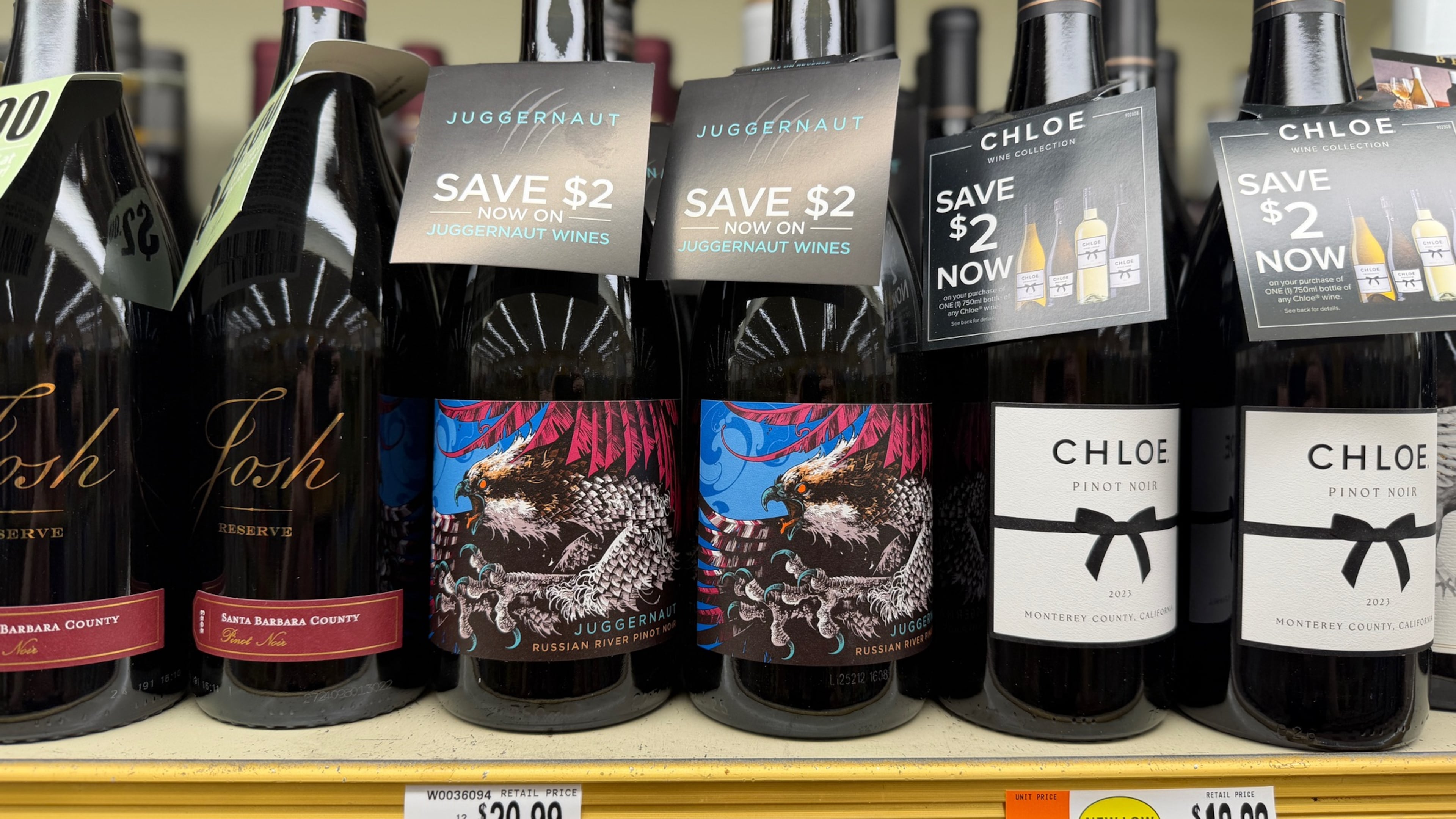 A variety of pinot noir wines, from left, Josh Cellars Reserve, Juggernaut, and Chloe, are displayed at a grocery store in Concord, N.H. on June 8, 2026. (J.M. Hirsch via AP)