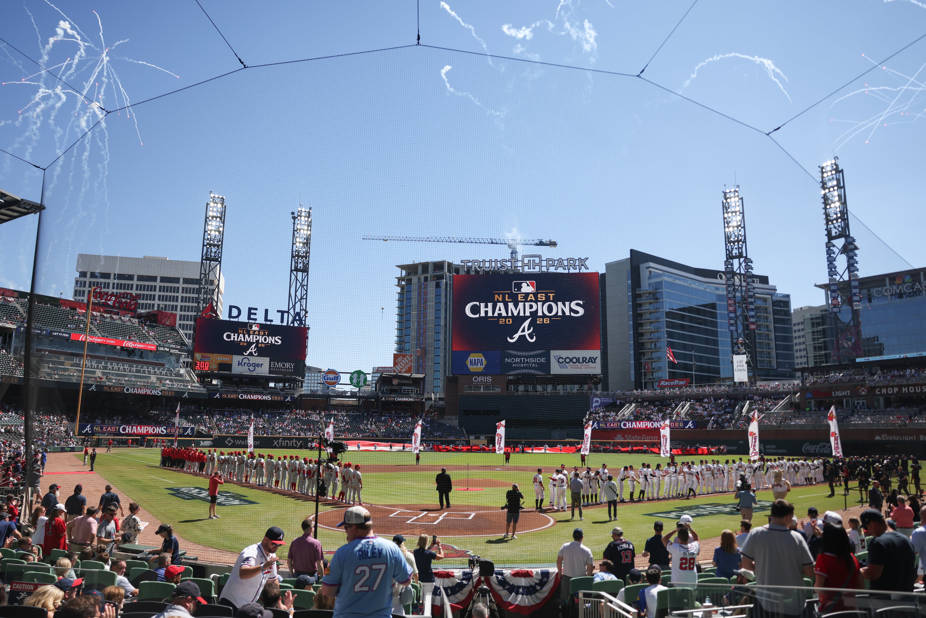 Pregame activities before Game 1 of a MLB National League Wild Card playoff series between the Atlanta Braves and the Philadelphia Phillies, Tuesday, Sept. 29, 2026, in Atlanta. (Jason Getz/AJC)