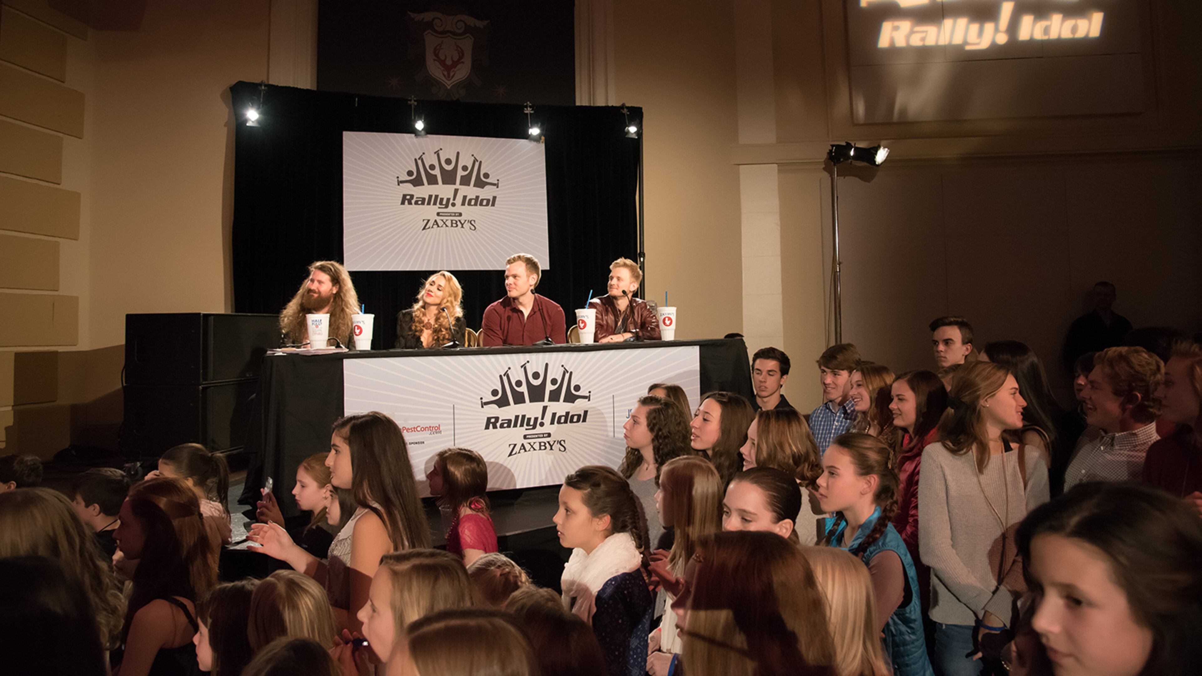 (L-R) Casey Abrams, Haley Reinhart, Clark Beckham and Anthony Federov as judges at Rally Idol Saturday night at Buckhead Theatre. CREDIT: Rally Idol