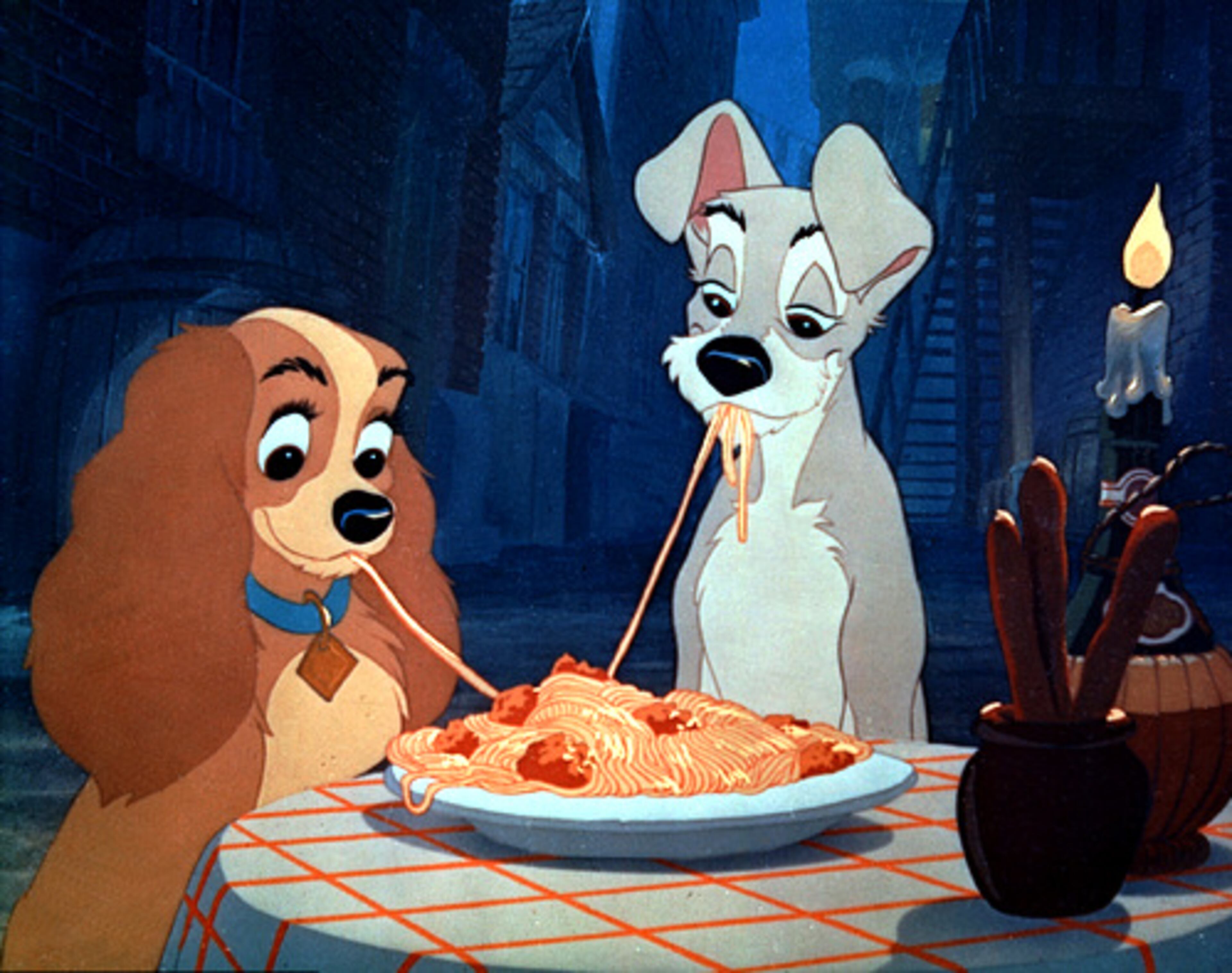 One of the sweetest kisses of all is in a cartoon? It's true. In 'Lady and the Tramp,' the canine couple chews on opposite ends of the same noodle, and their lips meet unexpectedly in the middle. The pedigreed cocker spaniel turns her head away, then the gentlemanly mutt offers her one of his meatballs. Awwww. A scene like that should make Valentine's reservations at Italian restaurants skyrocket.