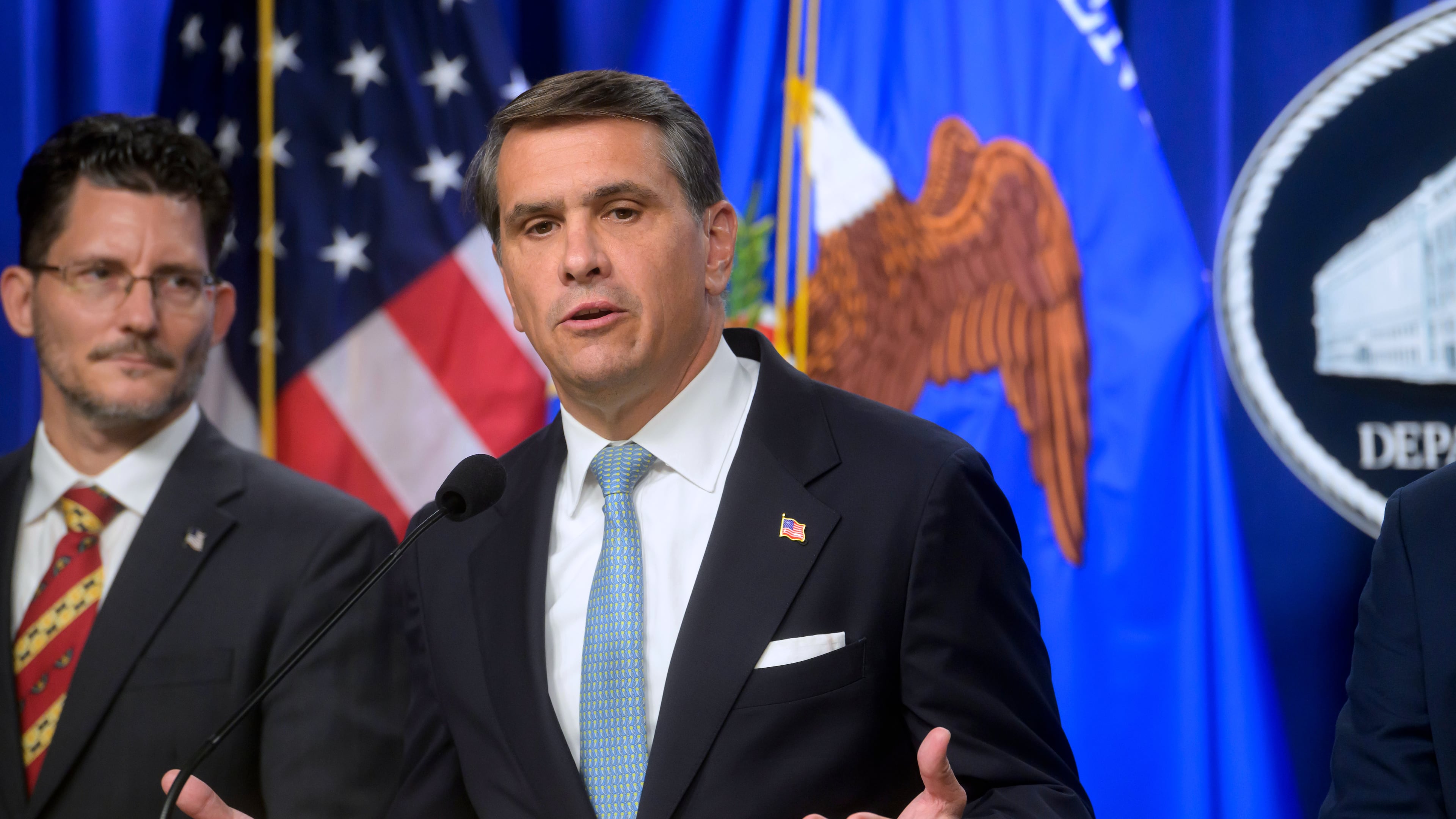 Acting Attorney General Todd Blanche, right, is joined by Deputy Assistant Secretary of the Department of State's Bureau of International Narcotics and Law Enforcement Affairs, Ambassador Michael C. Gonzales, left, during a news conference at the Department of Justice, Wednesday, August 5, 2026 in Washington. (AP Photo/Rod Lamkey, Jr.)