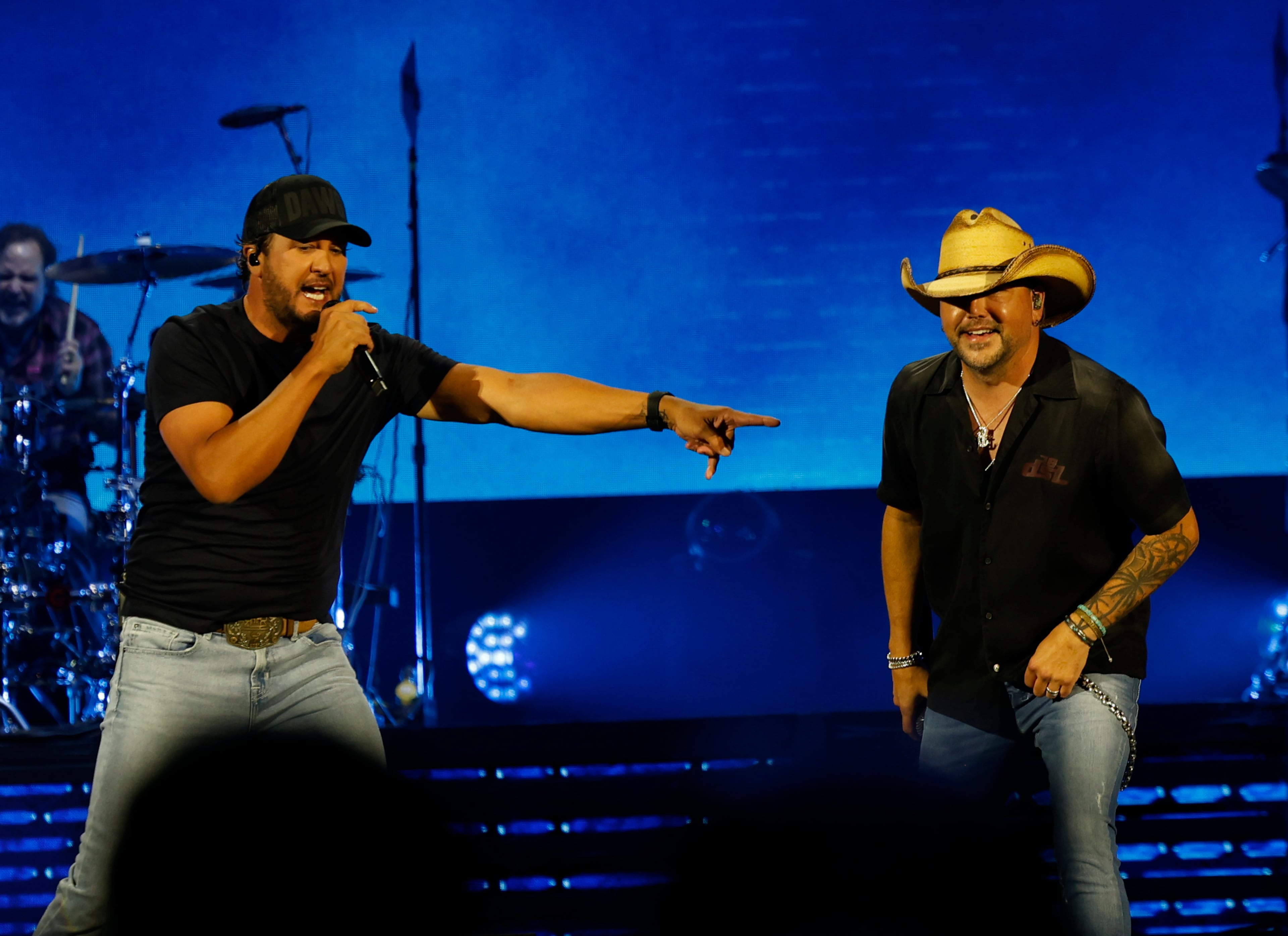 Georgia natives Jason Aldean (right) and Luke Bryan perform together for the first "Live Between the Hedges Concert Presented by PruittHealth" at Sanford Stadium, home of the University of Georgia football team, Saturday, April 25, 2026, in Athens. (Akili-Casundria Ramsess/EyeAkili Media)