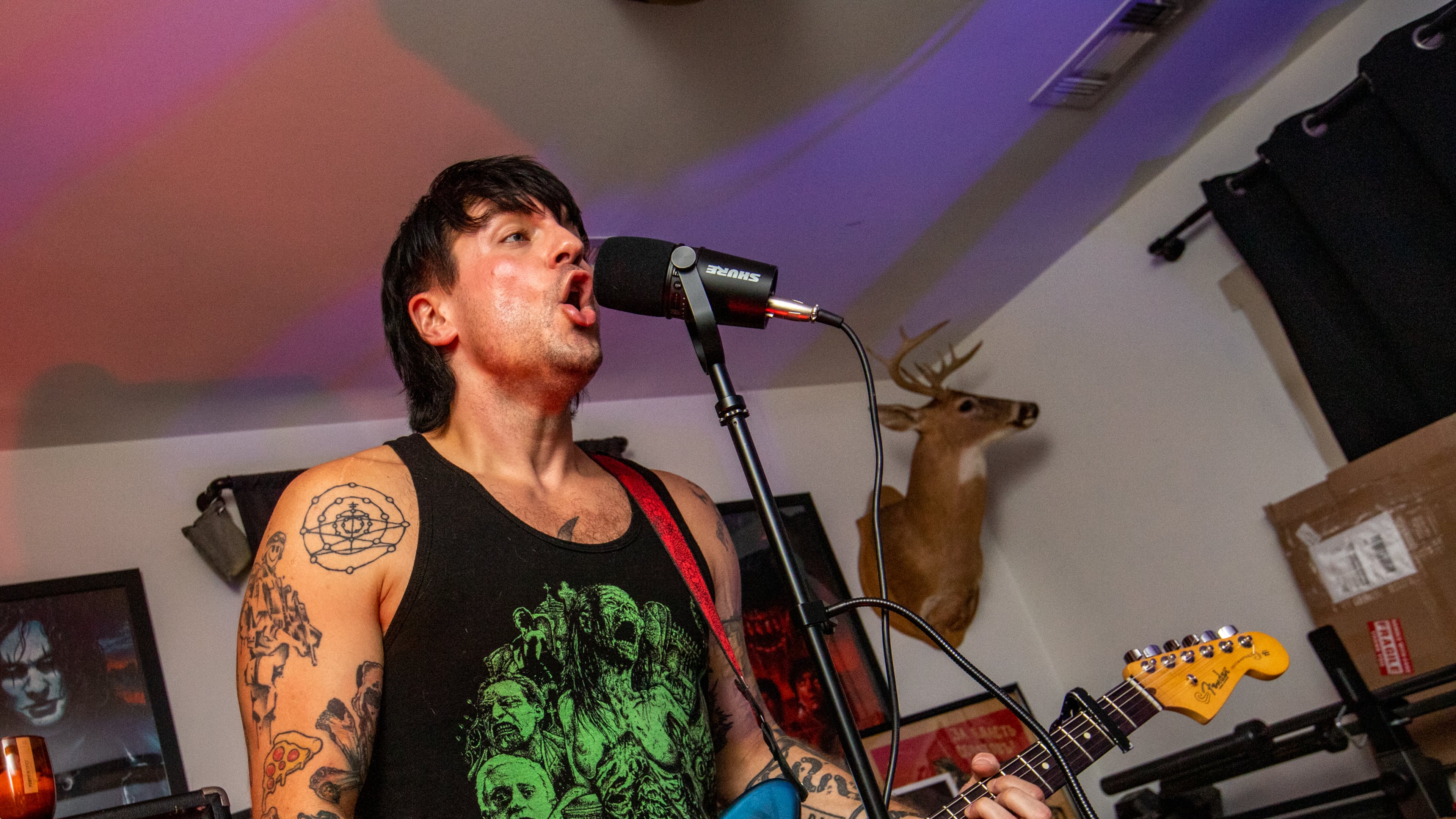 Dusty Gannon, also know as Goth Dad, practices with his band, Vision Video, in the week leading up to AthFest, the beloved outdoor music festival in Athens. Vision Video headlined the Saturday night performances for the first time, a big step for the band. which includes bass player Dan Geller, Emily Fredock on vocals and synthesizer and drummer Jason Fusco. (Jenni Girtman for The Atlanta Journal-Constitution)