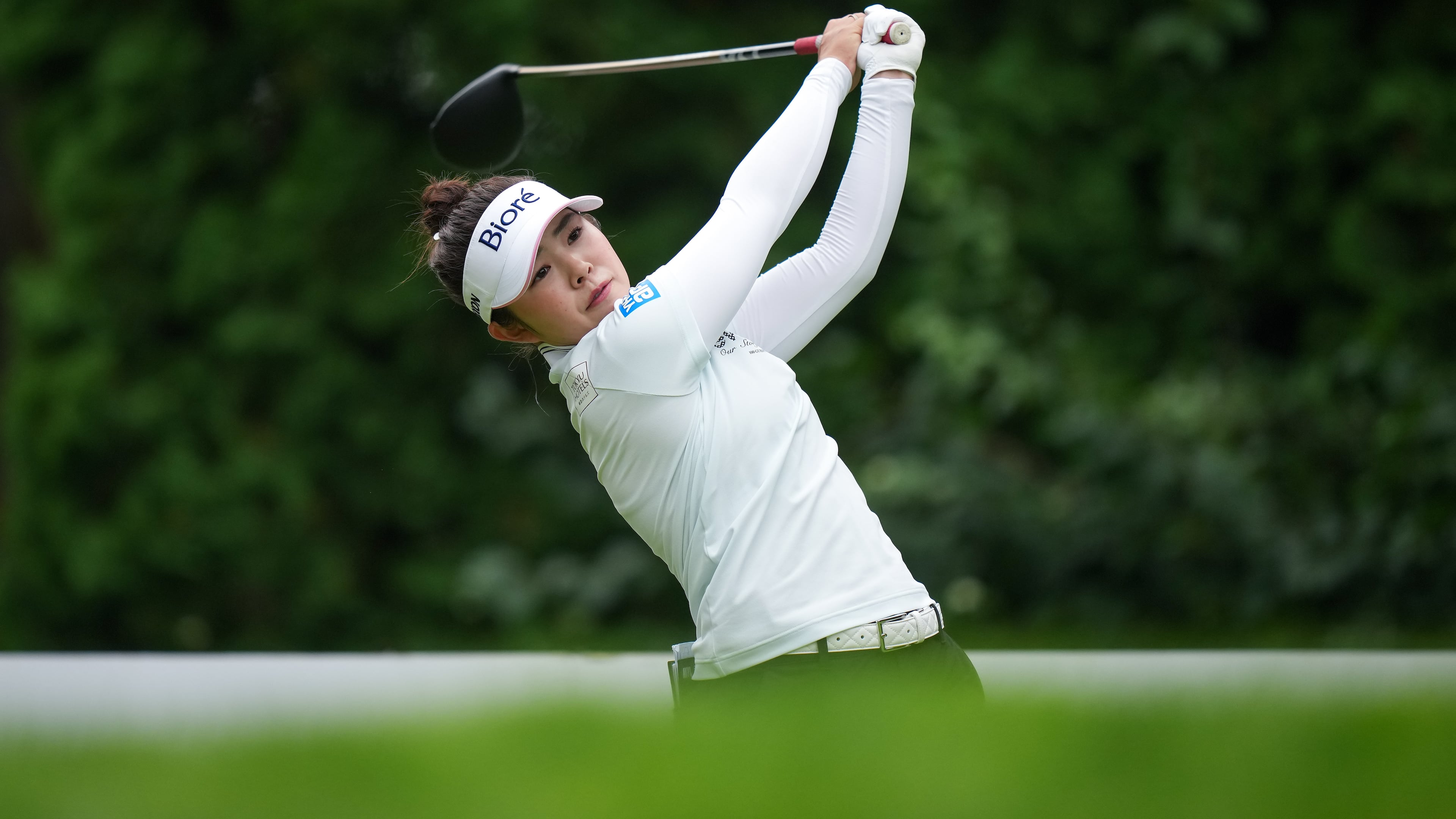 Miyu Yamashita, of Japan, hits her tee shot on the fourth hole during the third round at the LPGA Women's Open golf tournament, in Edmonton, Saturday, Aug. 22, 2026. (Darryl Dyck/The Canadian Press via AP)