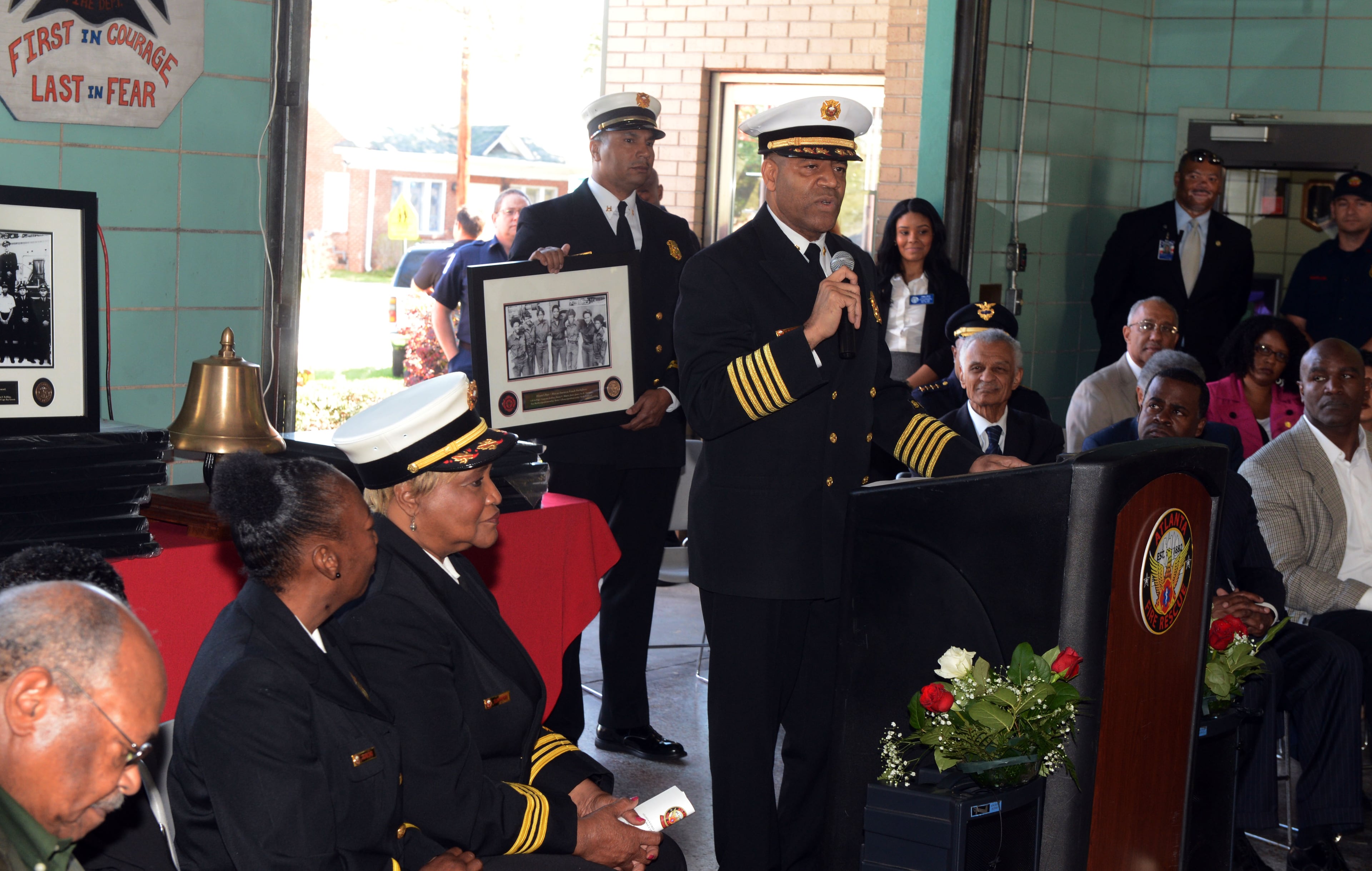 Atlanta Fire Chief Kelvin Cochran speaks during the ceremony Monday. The City of Atlanta honored 16 Black firefighters that broke the color barrier and integrated the Atlanta Fire Department 50 years ago, Monday April 1 2013.