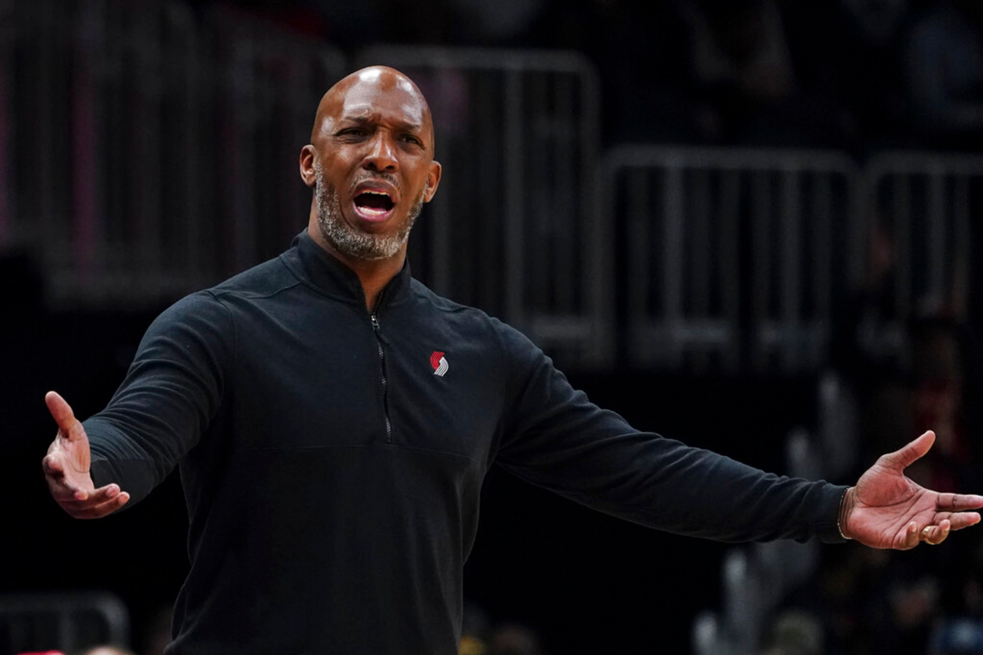 Portland Trail Blazers head coach Chauncey Billups reacts after a foul during the first half of an NBA basketball game Atlanta Hawks Friday, March 3, 2023, in Atlanta. (AP Photo/John Bazemore)