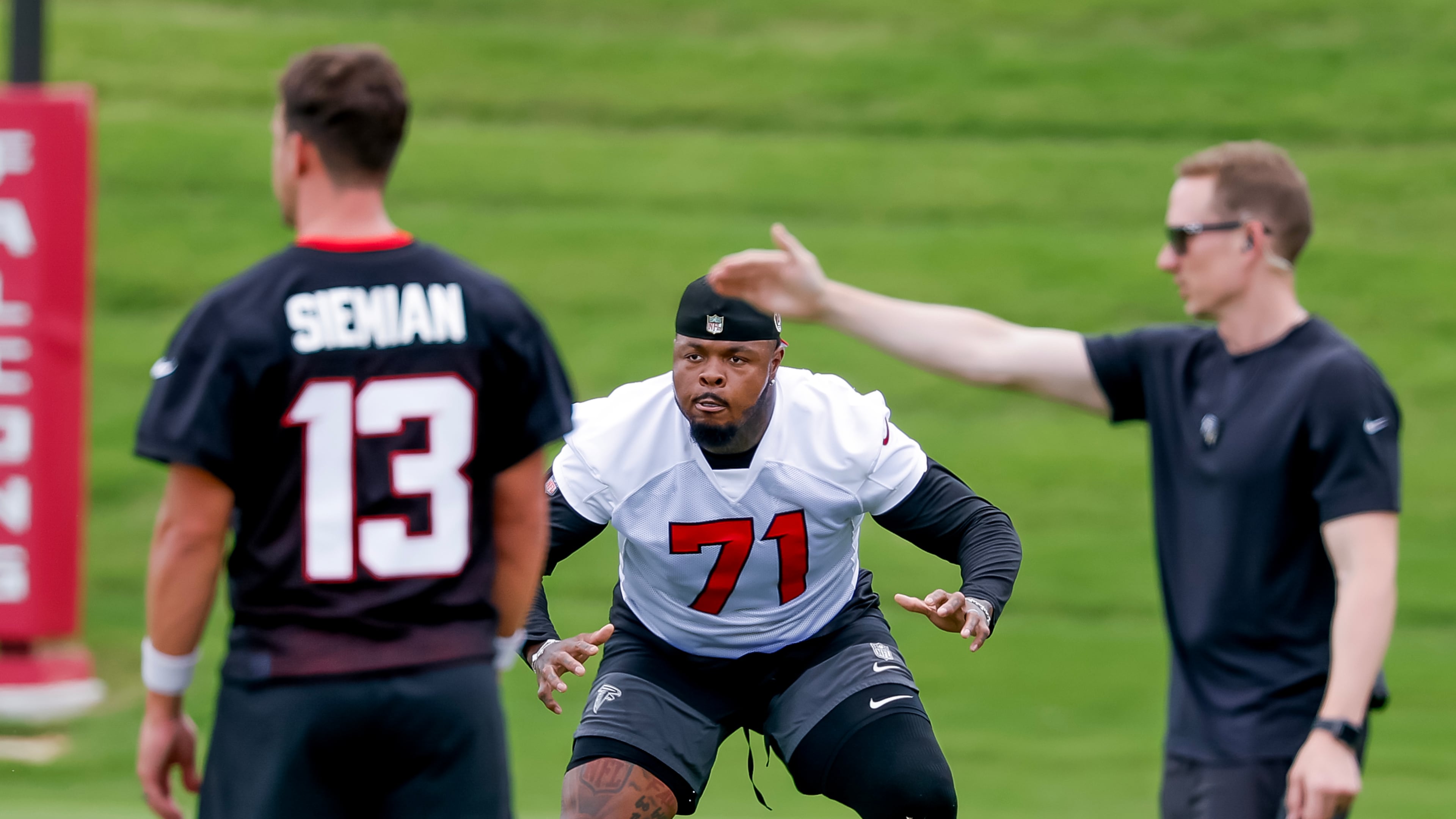 Tackle Jawaan Taylor during Atlanta Falcons practice, Monday, June 8, 2026, in Flowery Branch. (Erik S. Lesser for the AJC)