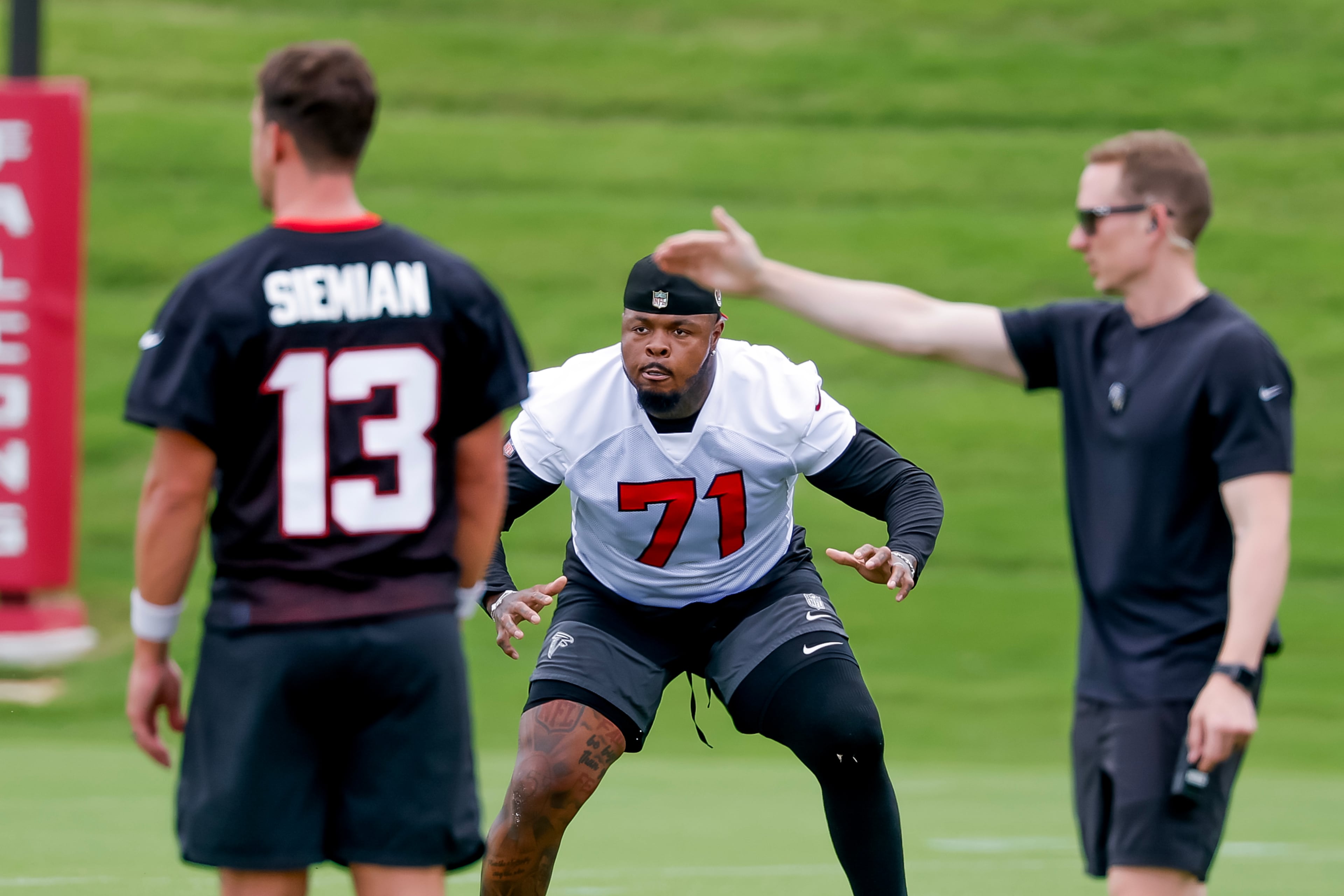 Tackle Jawaan Taylor during Atlanta Falcons practice, Monday, June 8, 2026, in Flowery Branch, Ga. (Erik S. Lesser for the AJC)